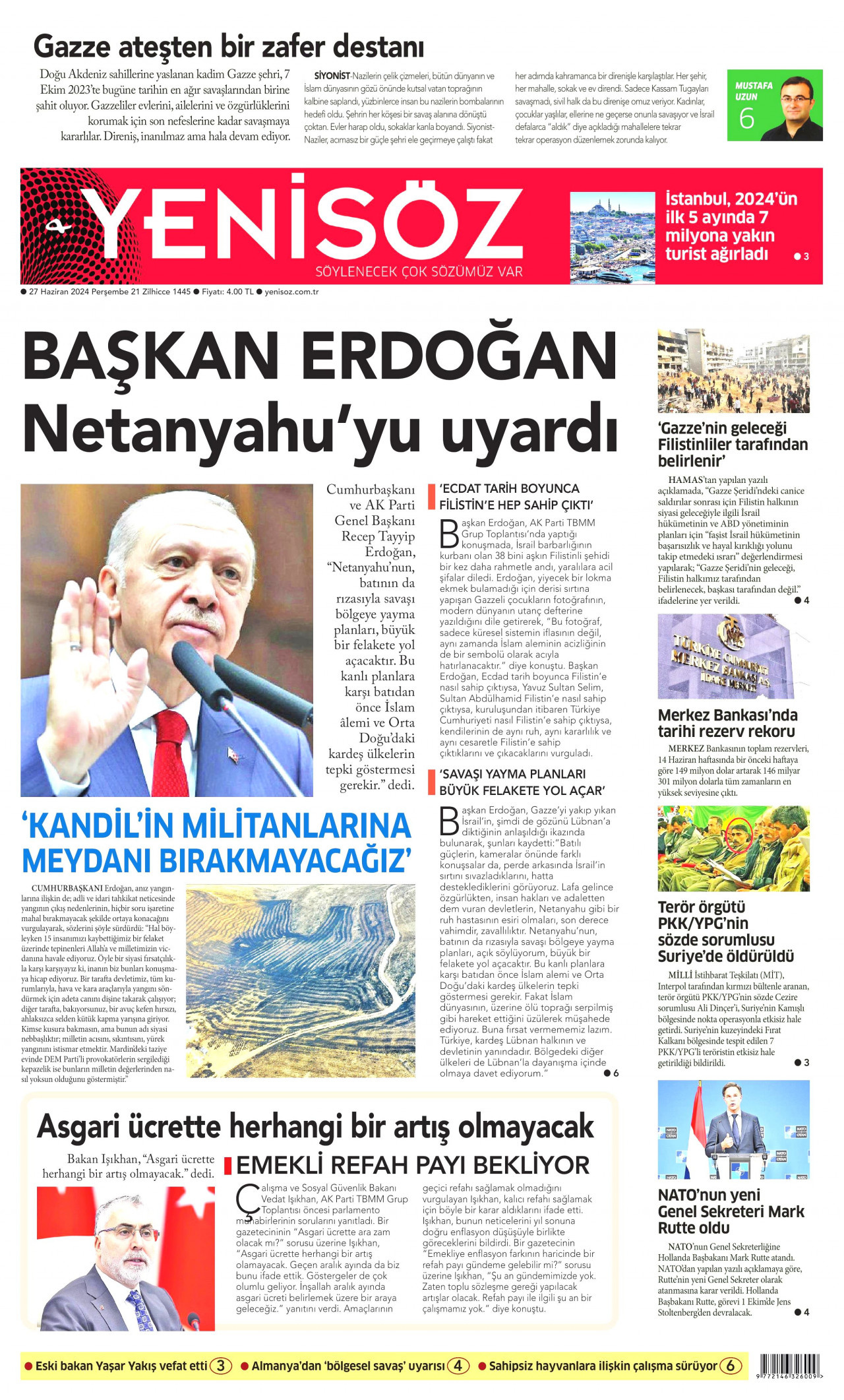 YENİ SÖZ GAZETESİ gazetesinin 27 Haziran 2024 tarihli birinci sayfası