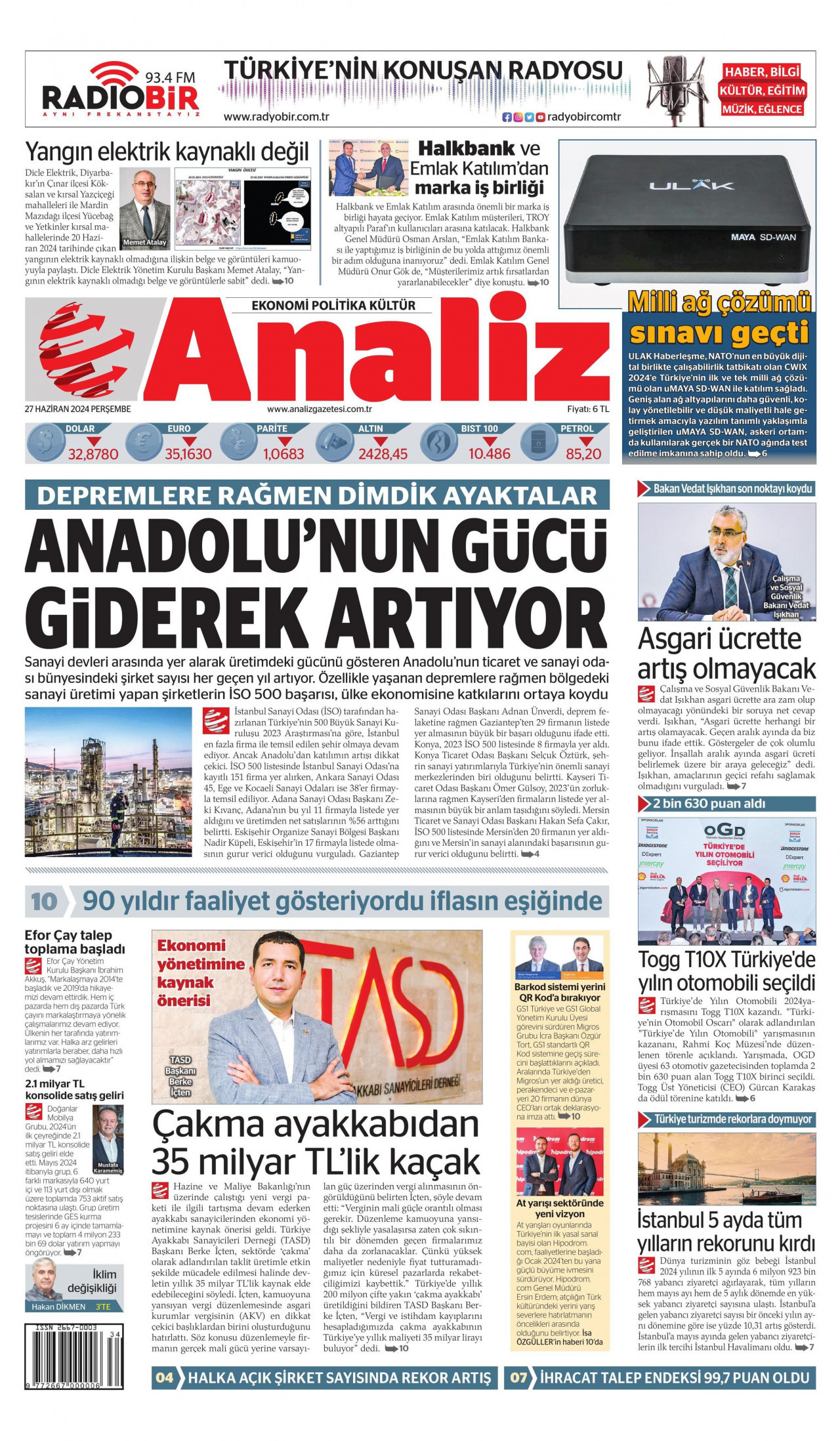 ANALİZ gazetesinin 27 Haziran 2024 tarihli birinci sayfası