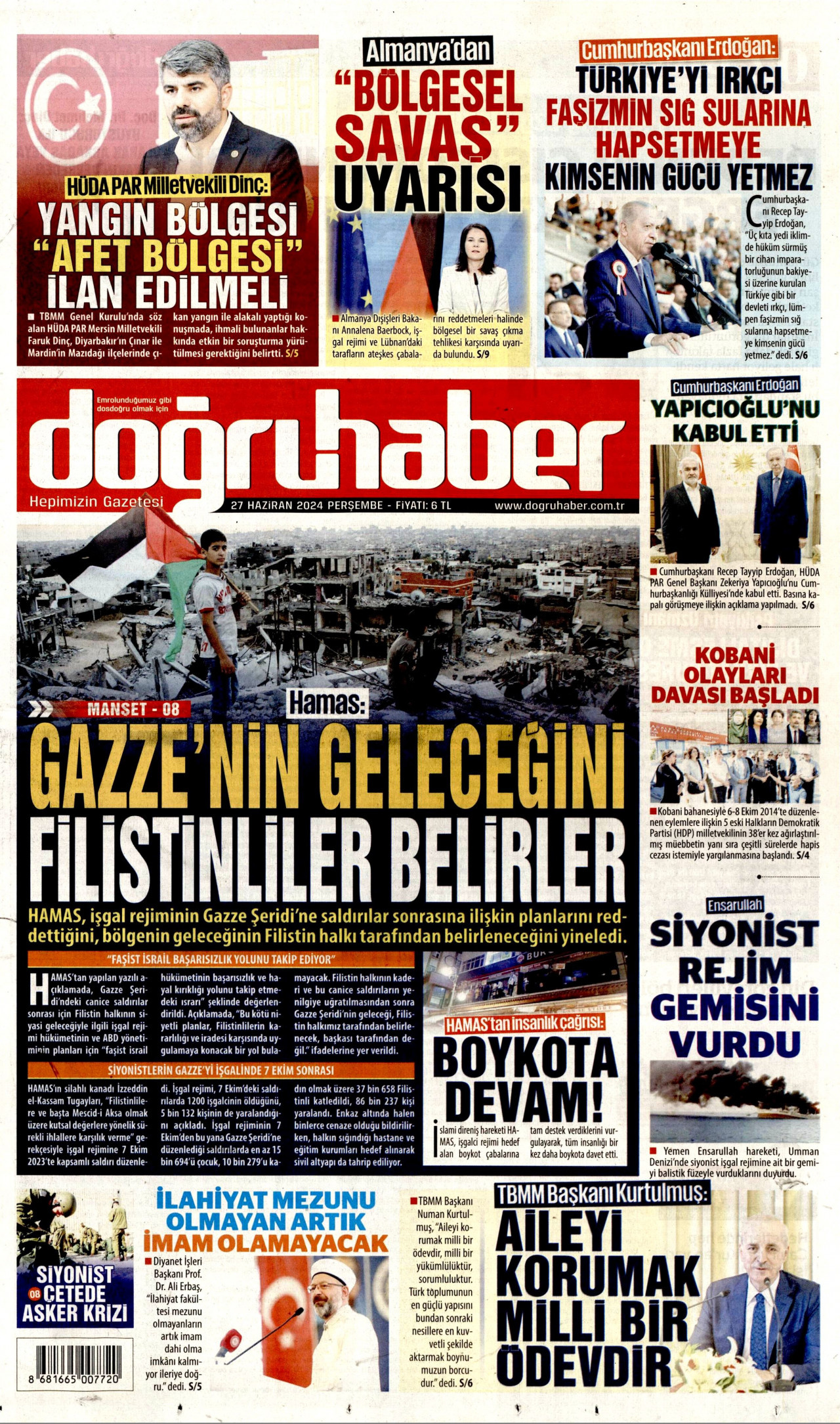 DOĞRU HABER gazetesinin 27 Haziran 2024 tarihli birinci sayfası