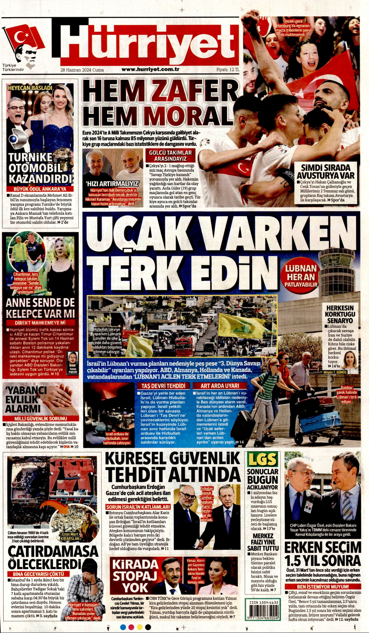 HÜRRİYET gazetesinin 28 Haziran 2024 tarihli birinci sayfası