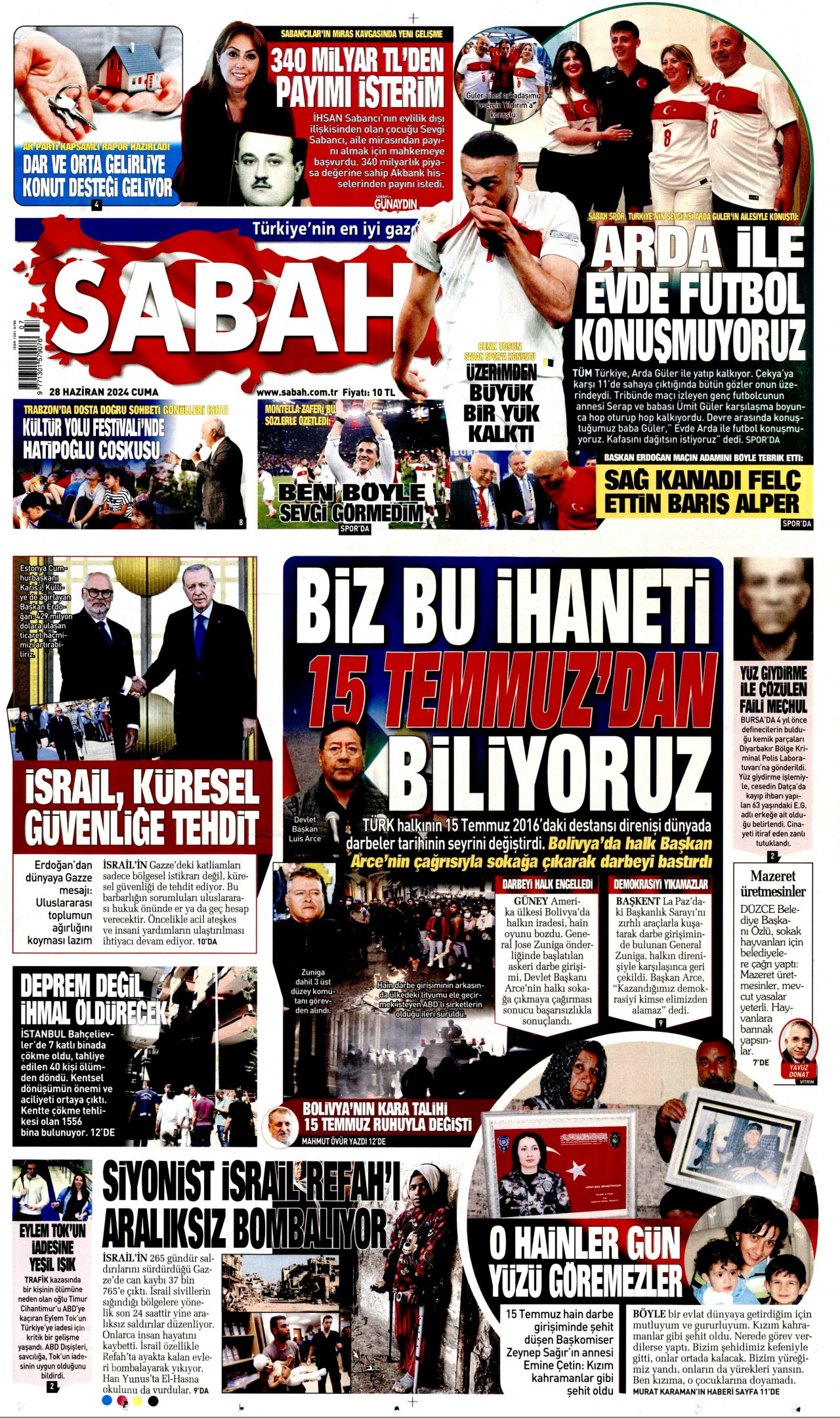 SABAH gazetesinin 28 Haziran 2024 tarihli birinci sayfası