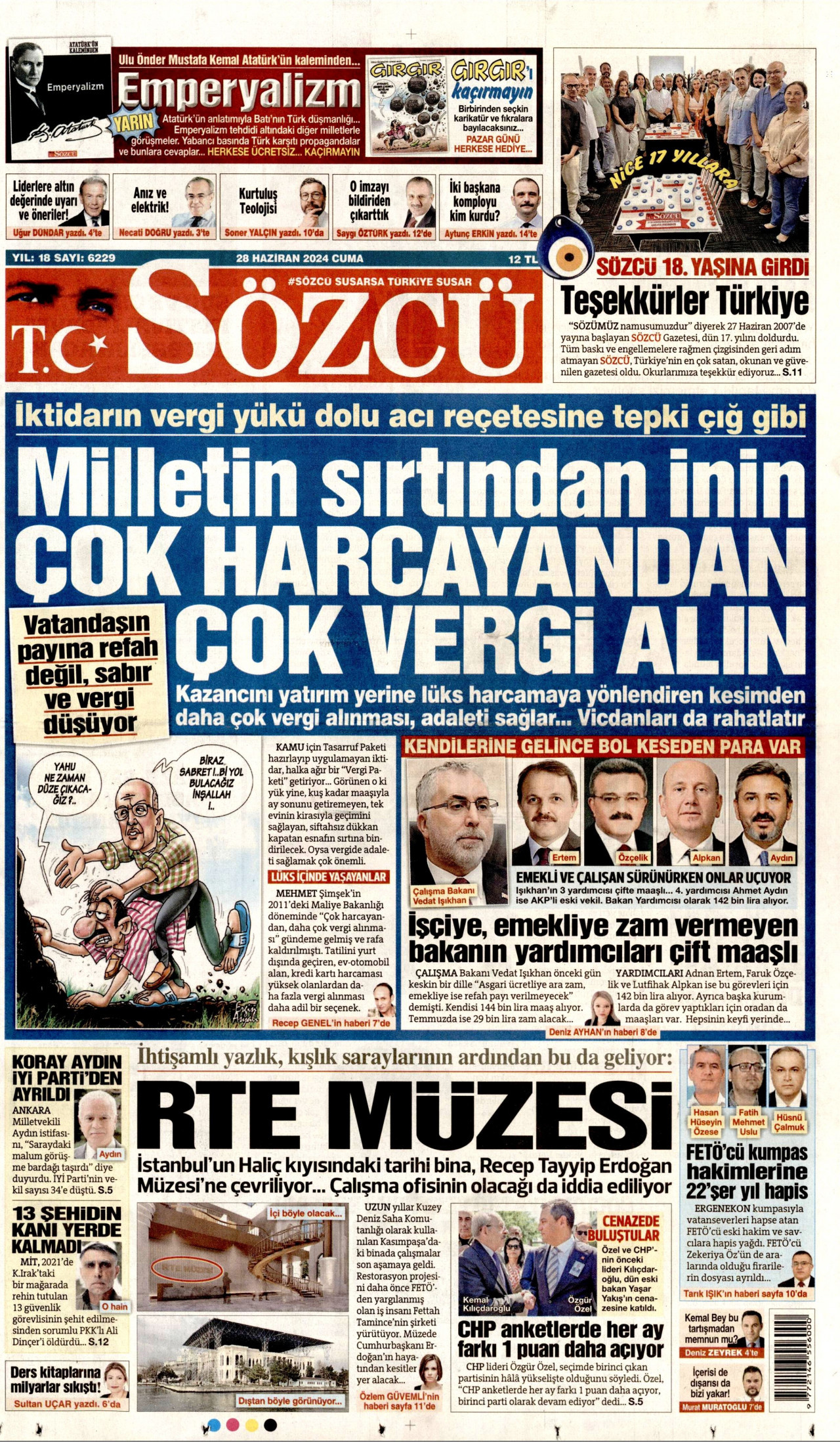 SÖZCÜ gazetesinin 28 Haziran 2024 tarihli birinci sayfası