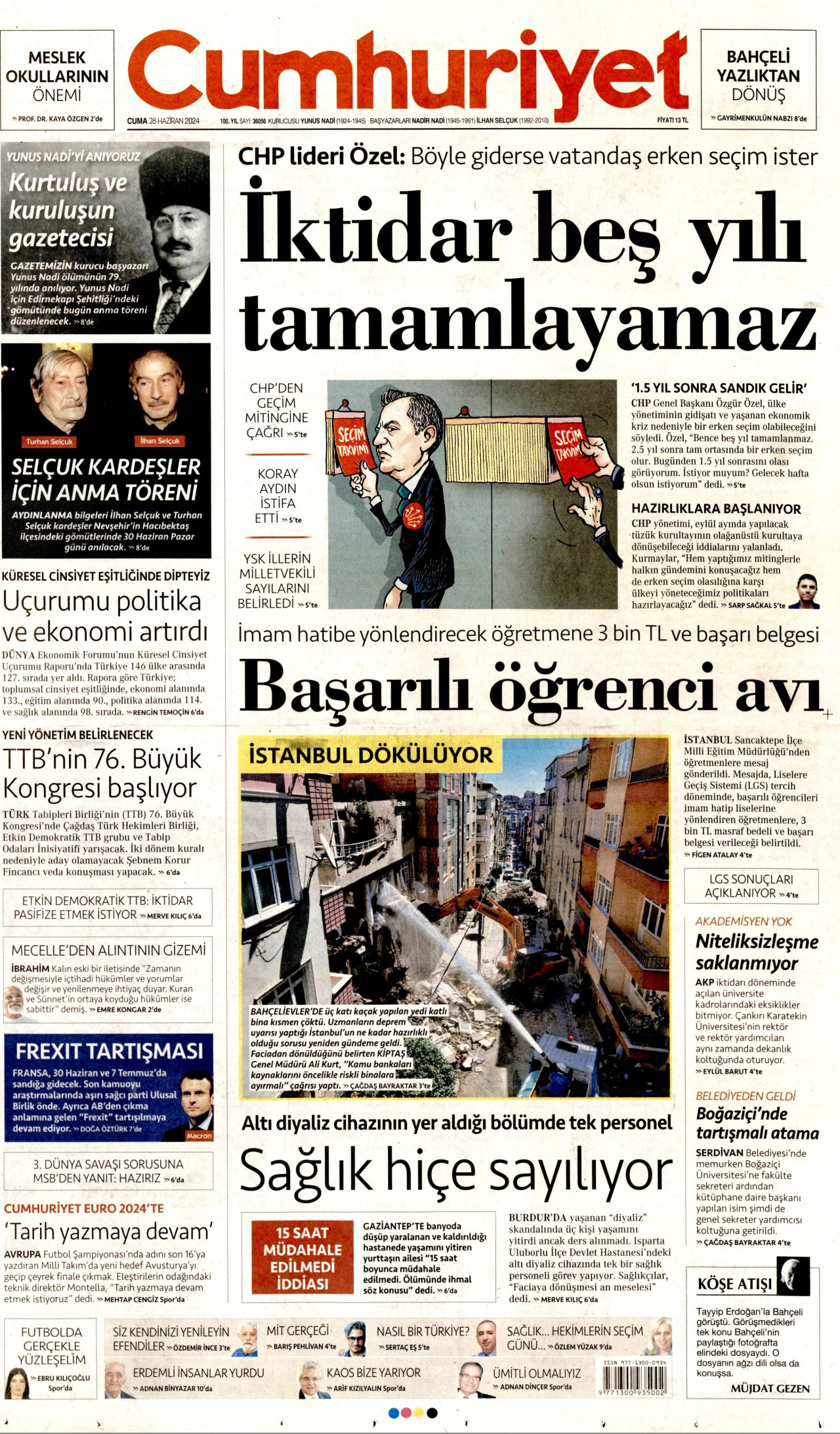 CUMHURİYET gazetesinin 28 Haziran 2024 tarihli birinci sayfası
