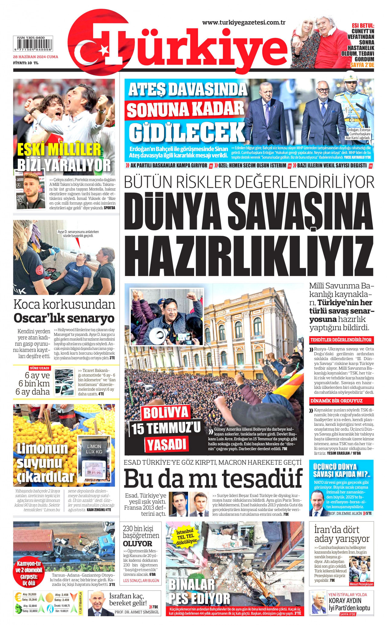 TÜRKİYE GAZETESİ gazetesinin 28 Haziran 2024 tarihli birinci sayfası
