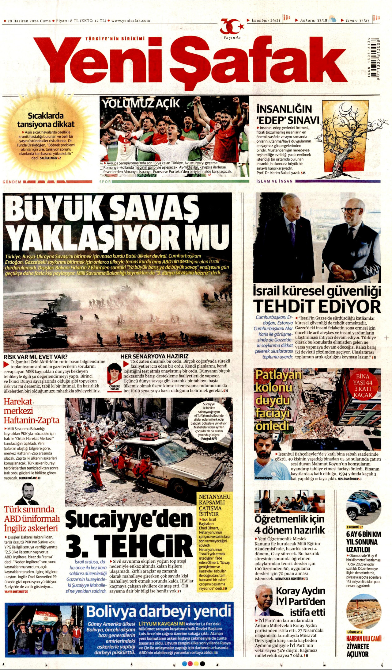 YENİ ŞAFAK gazetesinin 28 Haziran 2024 tarihli birinci sayfası