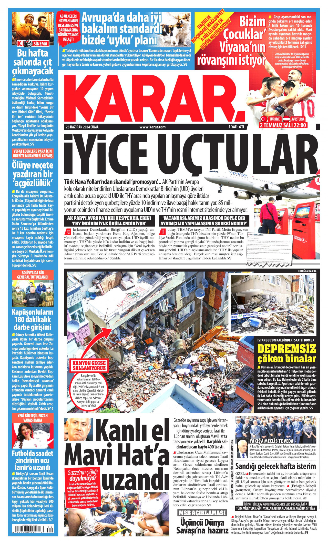 KARAR gazetesinin 28 Haziran 2024 tarihli birinci sayfası