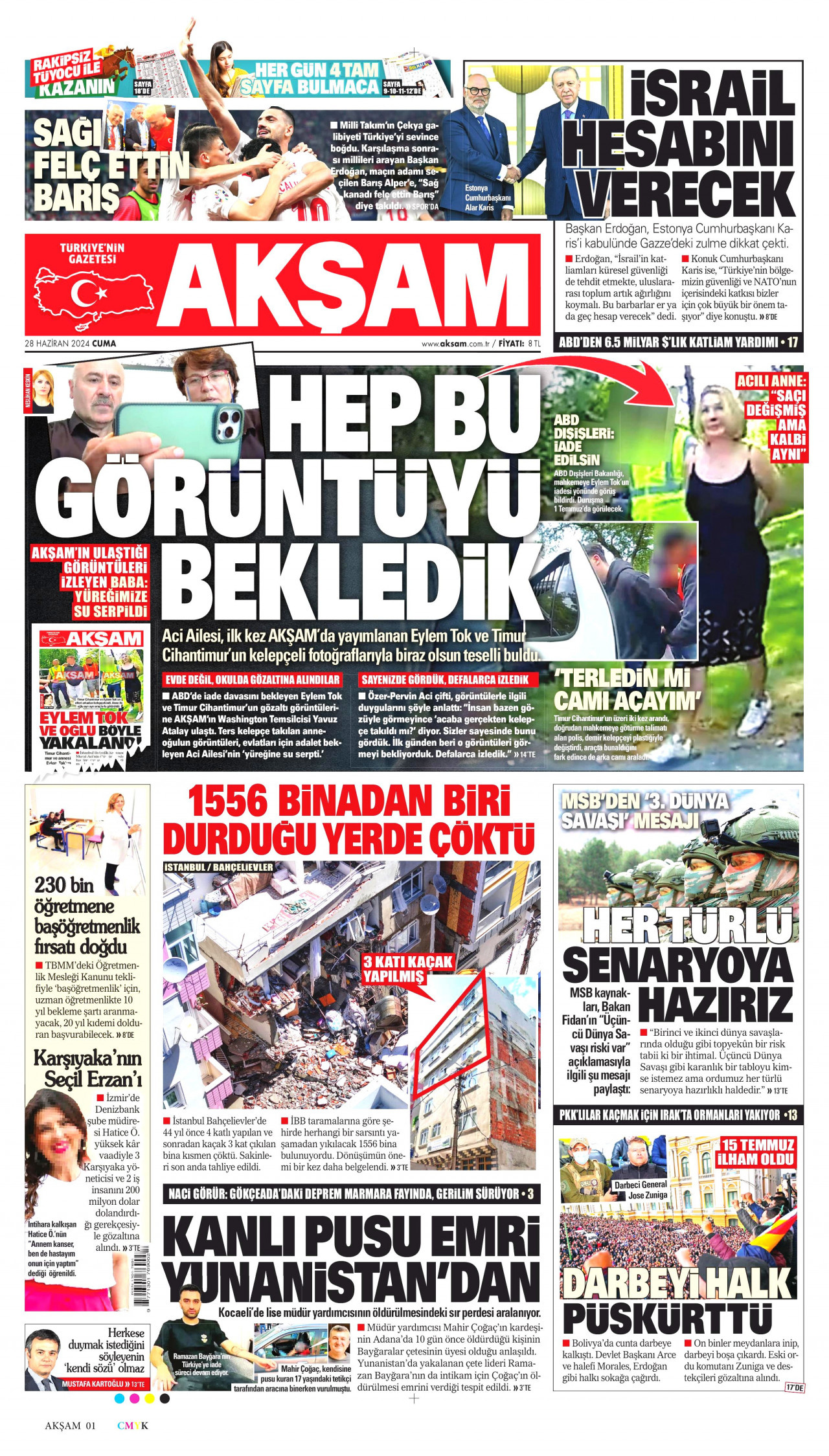 AKŞAM gazetesinin 28 Haziran 2024 tarihli birinci sayfası