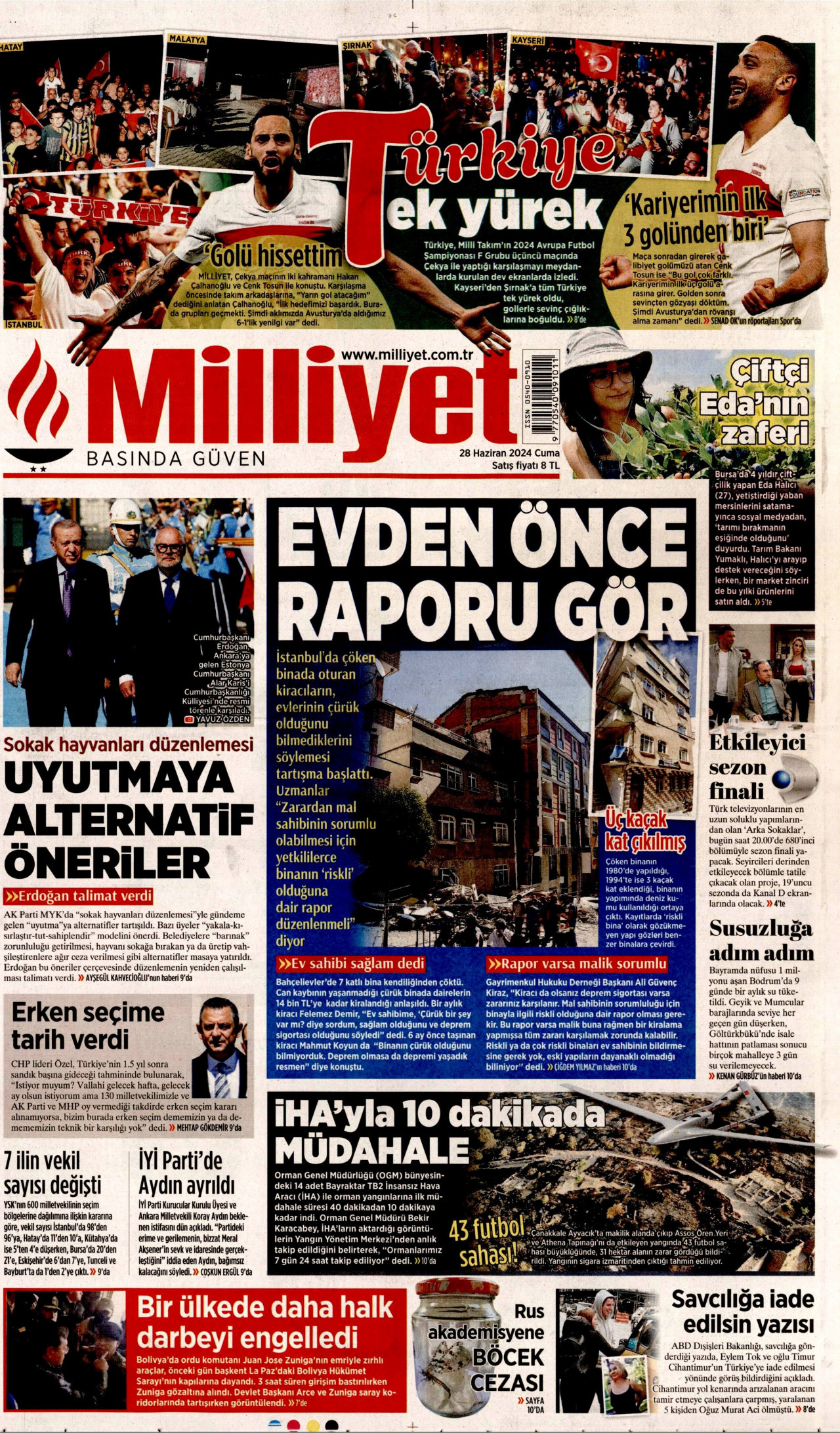 MİLLİYET gazetesinin 28 Haziran 2024 tarihli birinci sayfası