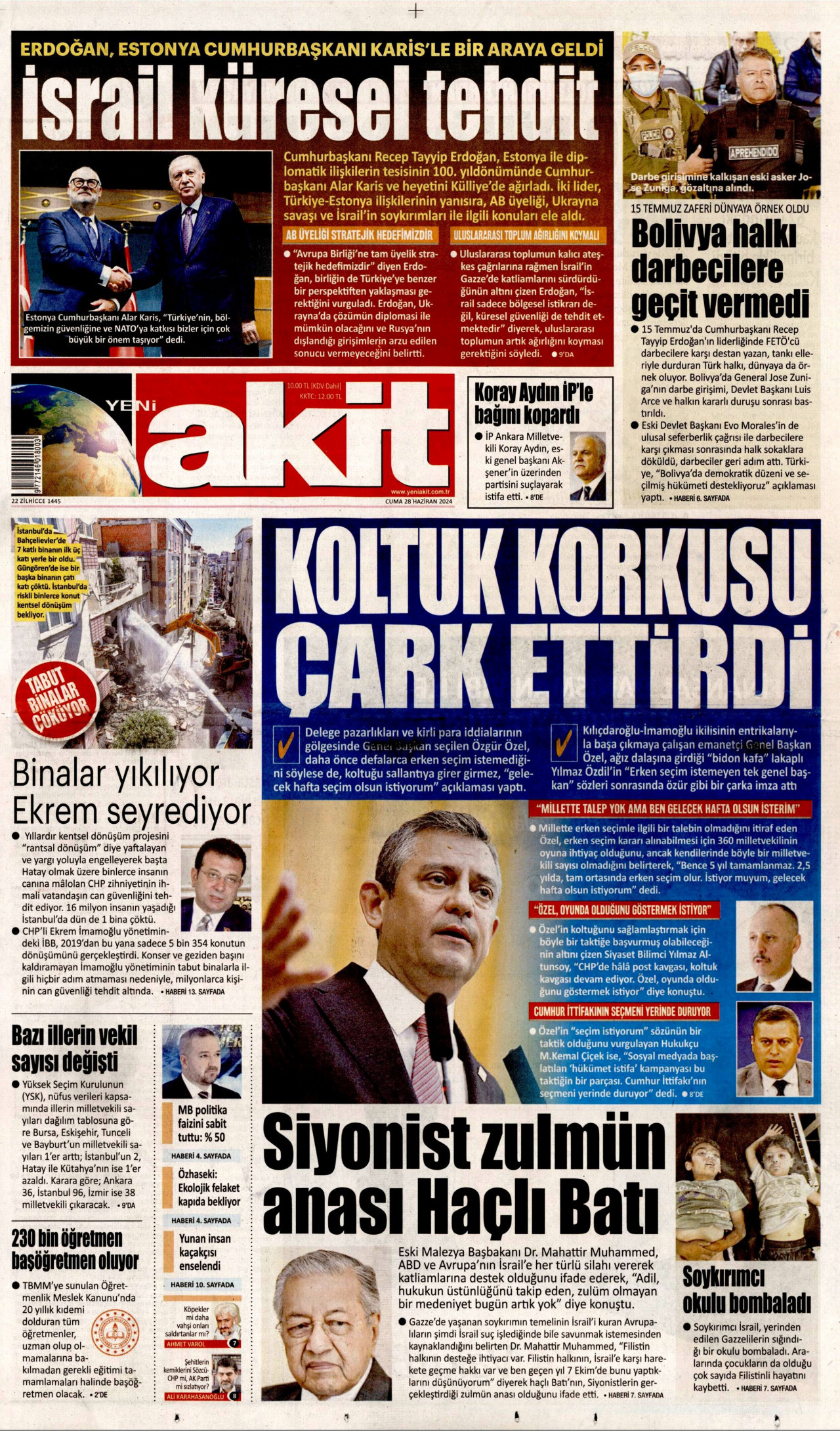 YENİ AKİT gazetesinin 28 Haziran 2024 tarihli birinci sayfası