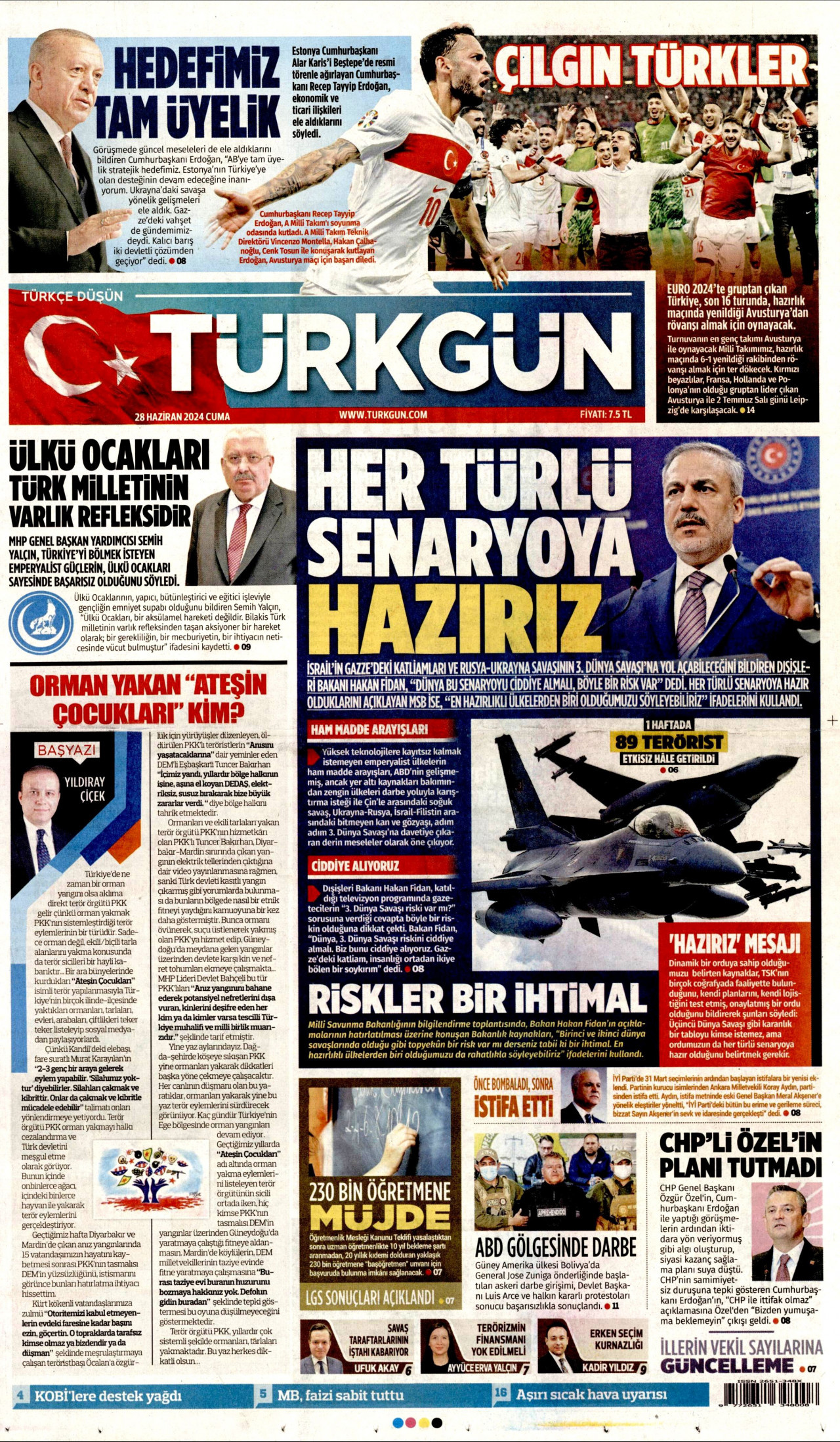 TÜRKGÜN gazetesinin 28 Haziran 2024 tarihli birinci sayfası