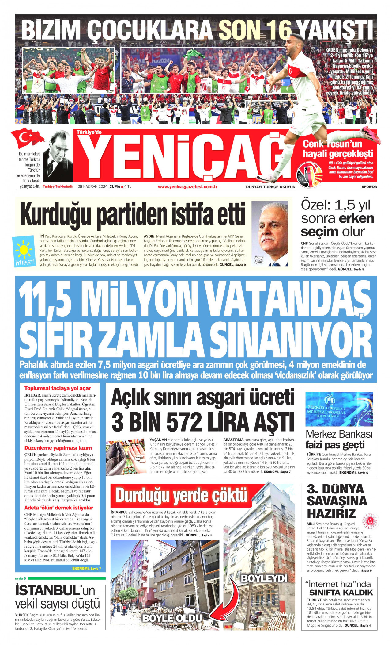 YENİÇAĞ gazetesinin 28 Haziran 2024 tarihli birinci sayfası