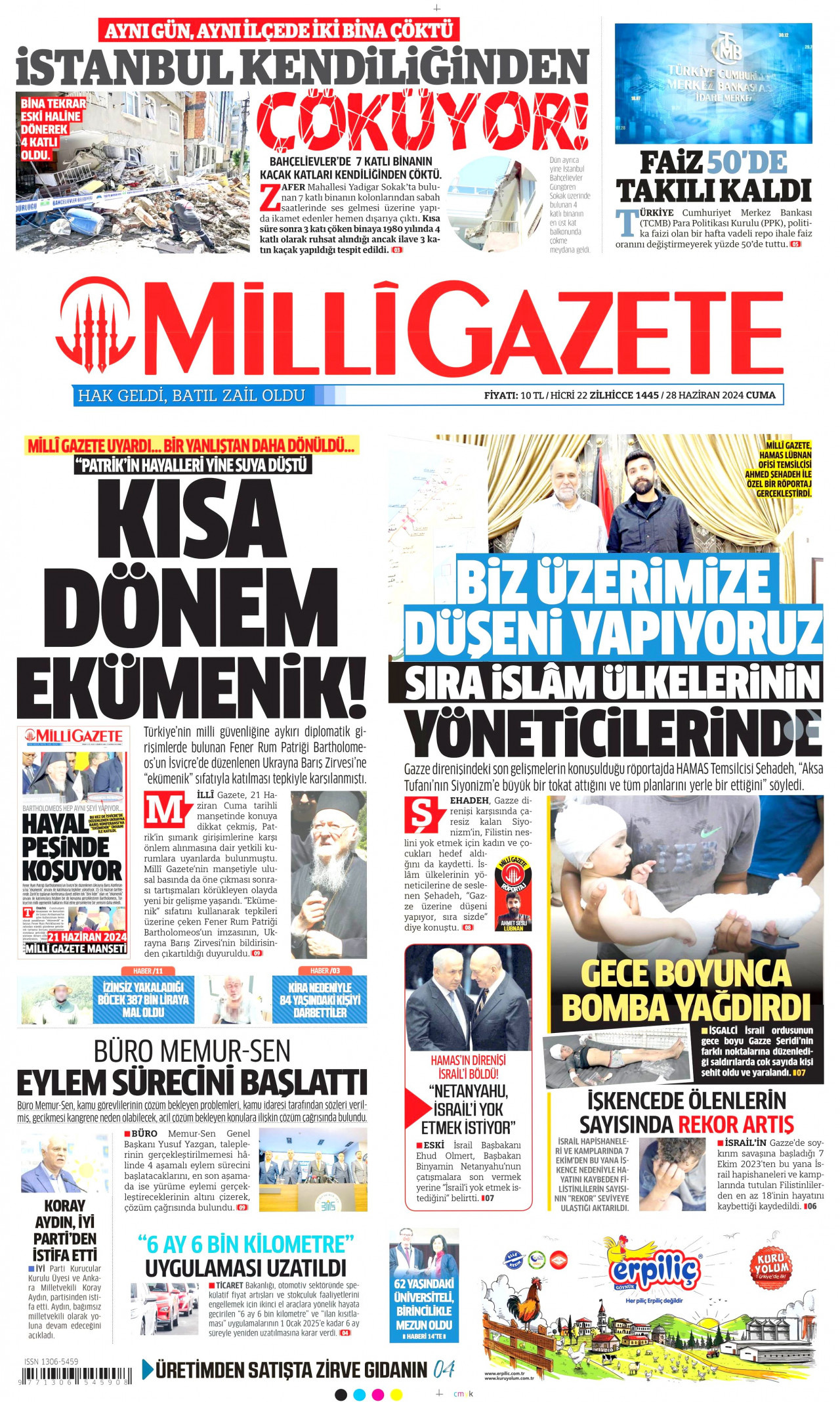MİLLİ GAZETE gazetesinin 28 Haziran 2024 tarihli birinci sayfası