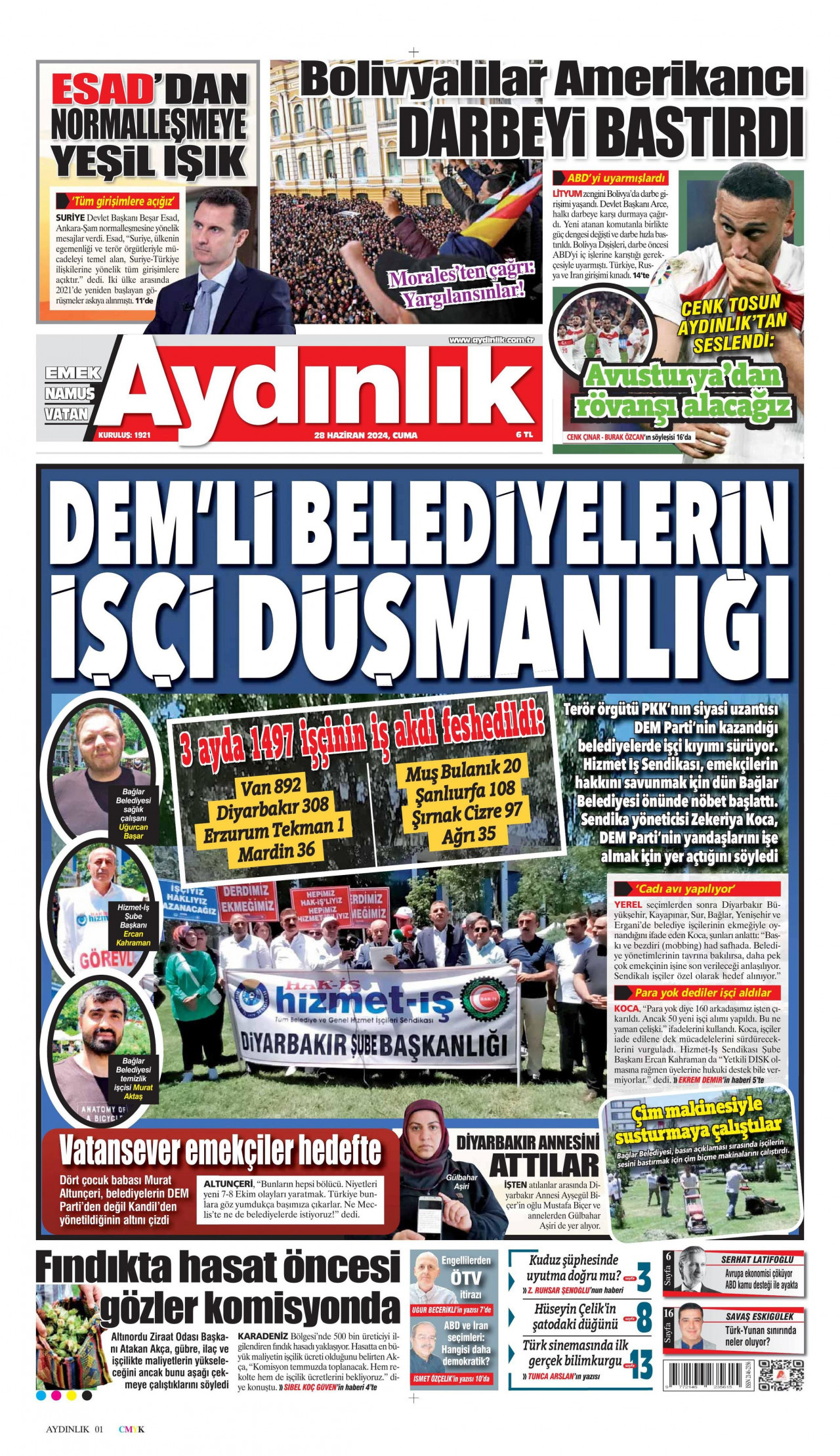 AYDINLIK GAZETESİ gazetesinin 28 Haziran 2024 tarihli birinci sayfası