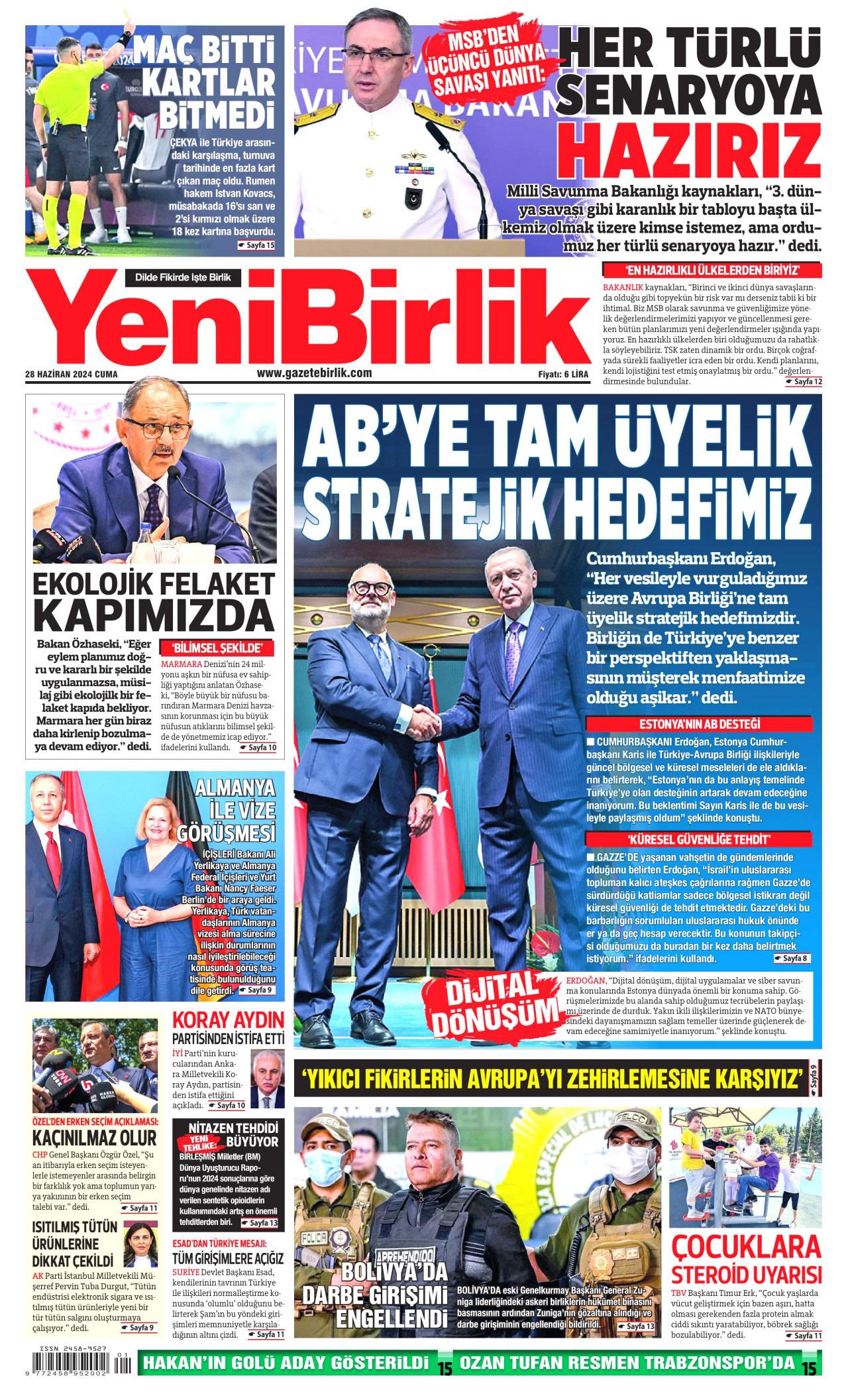 YENİBİRLİK gazetesinin 28 Haziran 2024 tarihli birinci sayfası