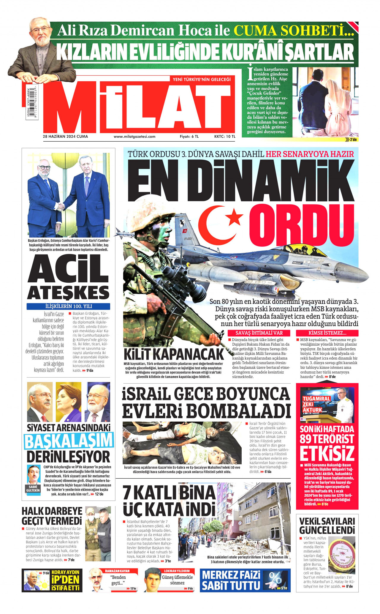 MİLAT gazetesinin 28 Haziran 2024 tarihli birinci sayfası
