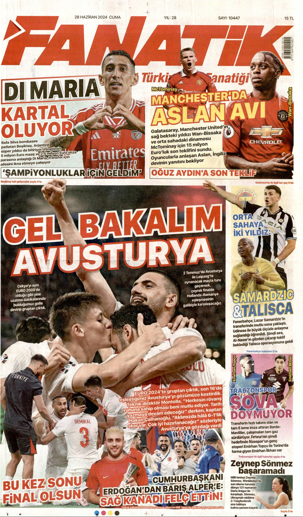 FANATİK gazetesinin 28 Haziran 2024 tarihli birinci sayfası