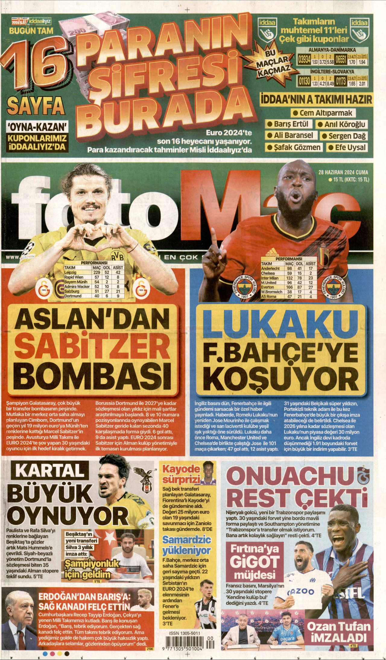 FOTOMAÇ gazetesinin 28 Haziran 2024 tarihli birinci sayfası