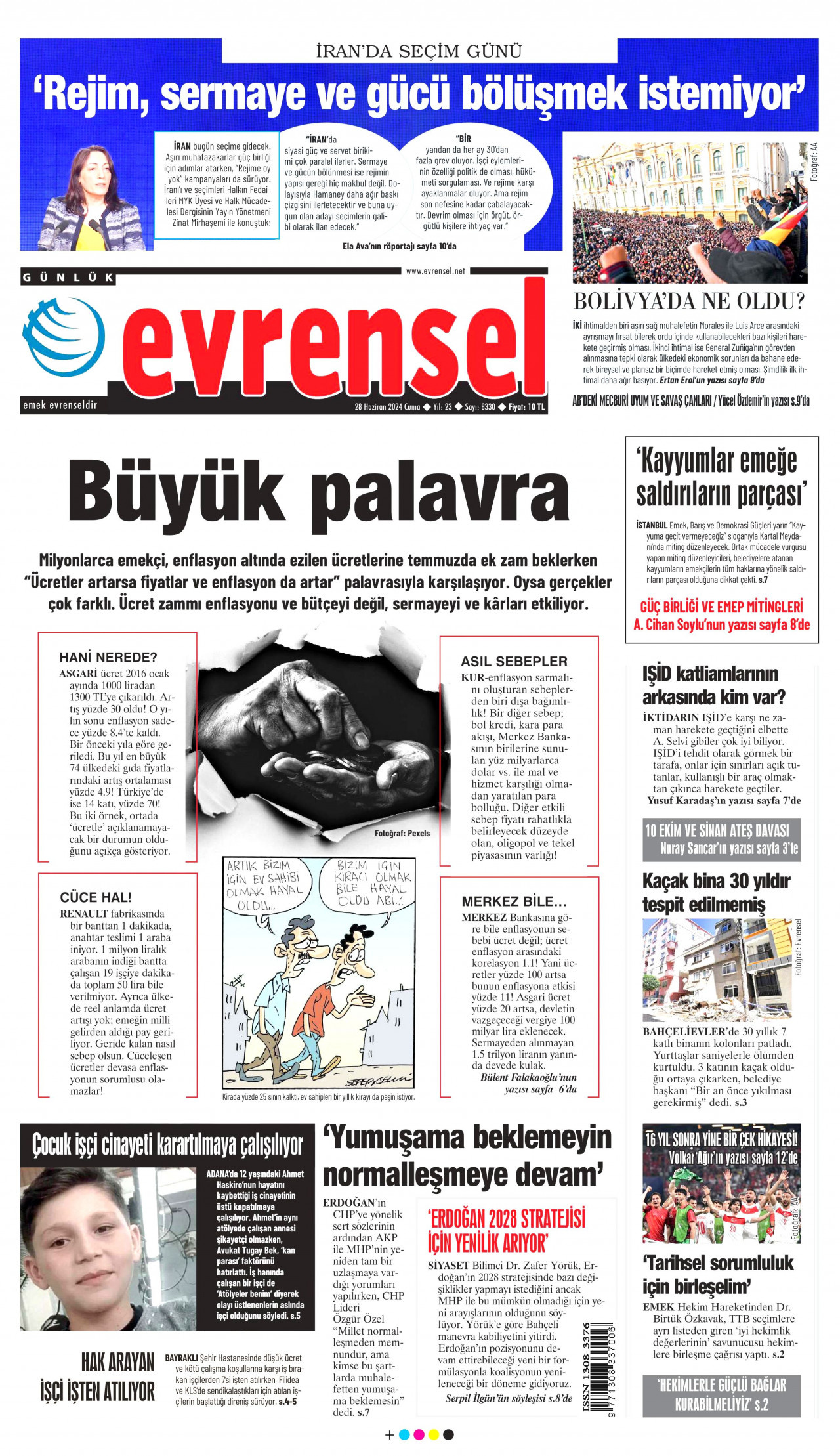 EVRENSEL gazetesinin 28 Haziran 2024 tarihli birinci sayfası