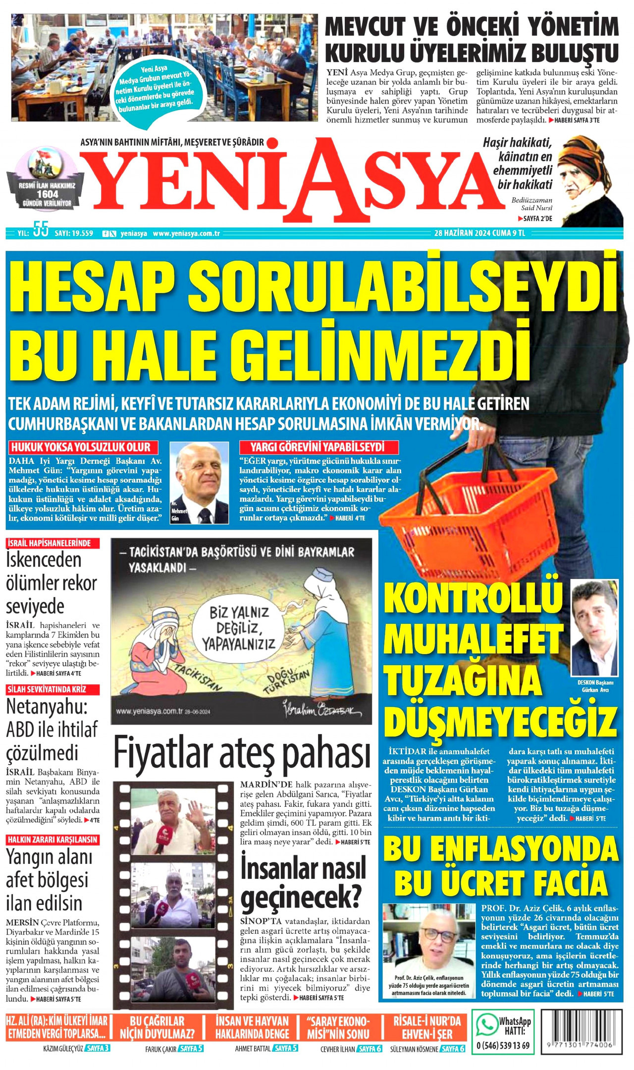 YENİ ASYA gazetesinin 28 Haziran 2024 tarihli birinci sayfası