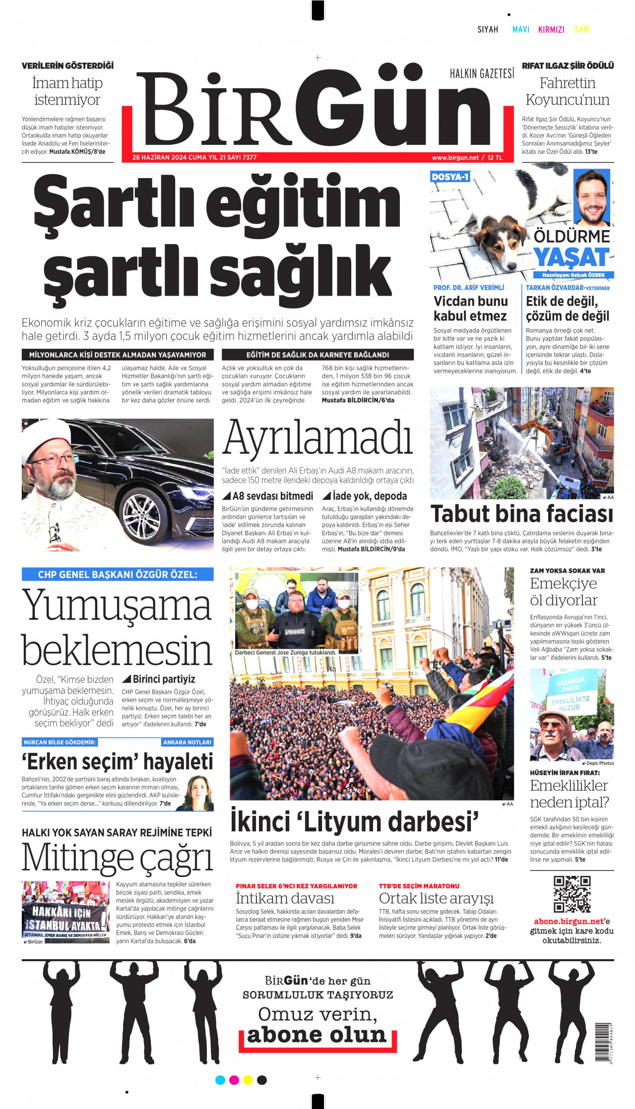 BİRGÜN gazetesinin 28 Haziran 2024 tarihli birinci sayfası