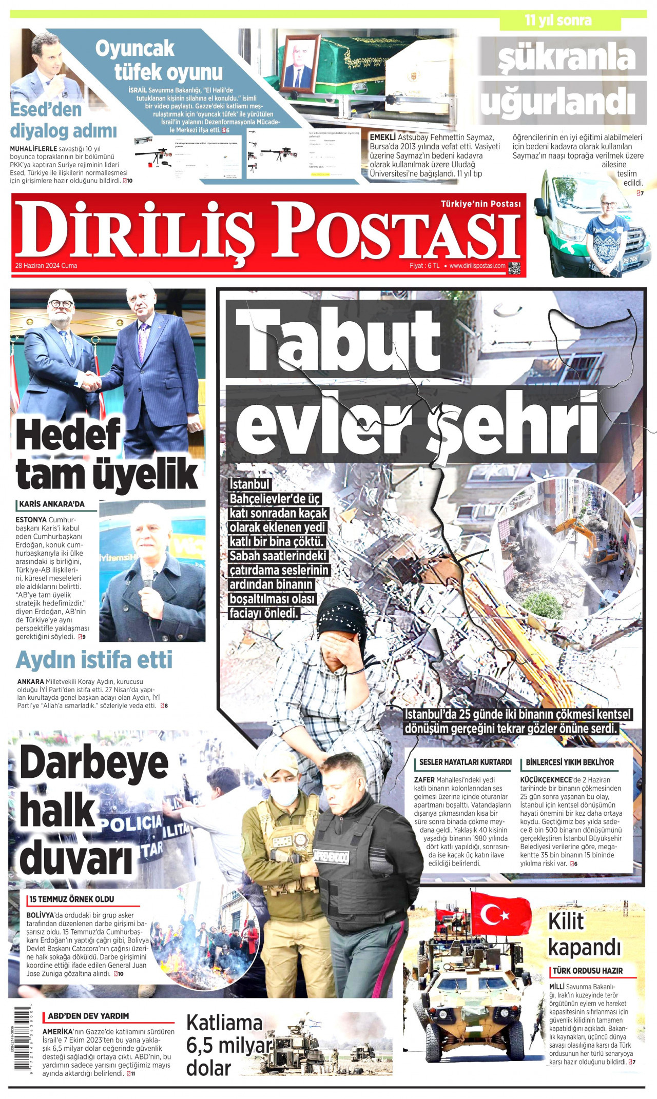 DİRİLİŞ POSTASI gazetesinin 28 Haziran 2024 tarihli birinci sayfası