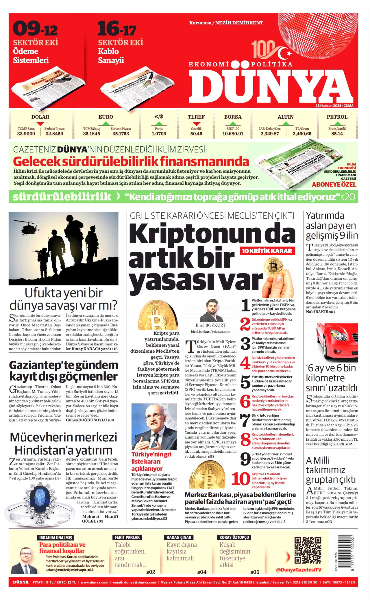 DÜNYA gazetesinin 28 Haziran 2024 tarihli birinci sayfası