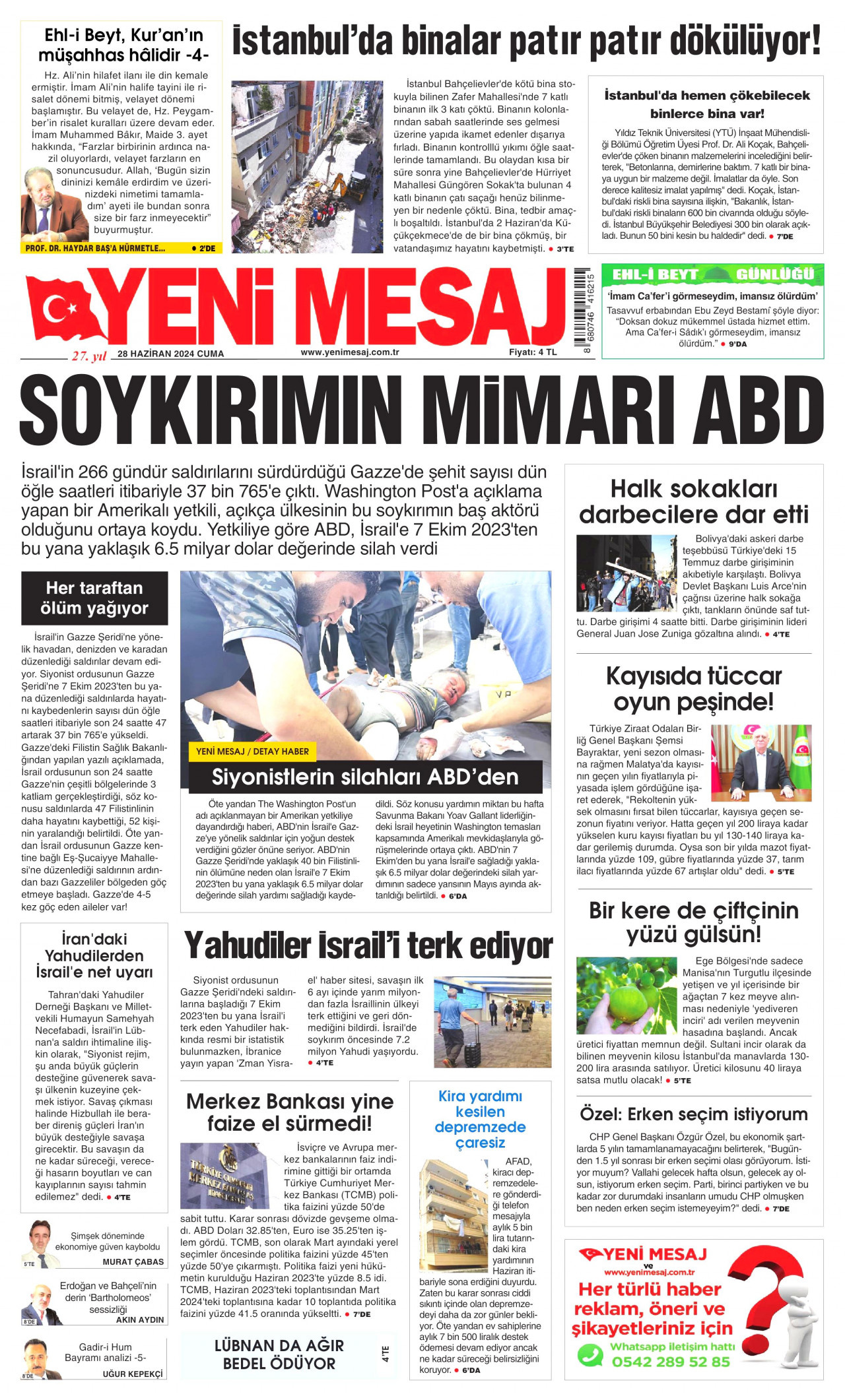 YENİ MESAJ gazetesinin 28 Haziran 2024 tarihli birinci sayfası
