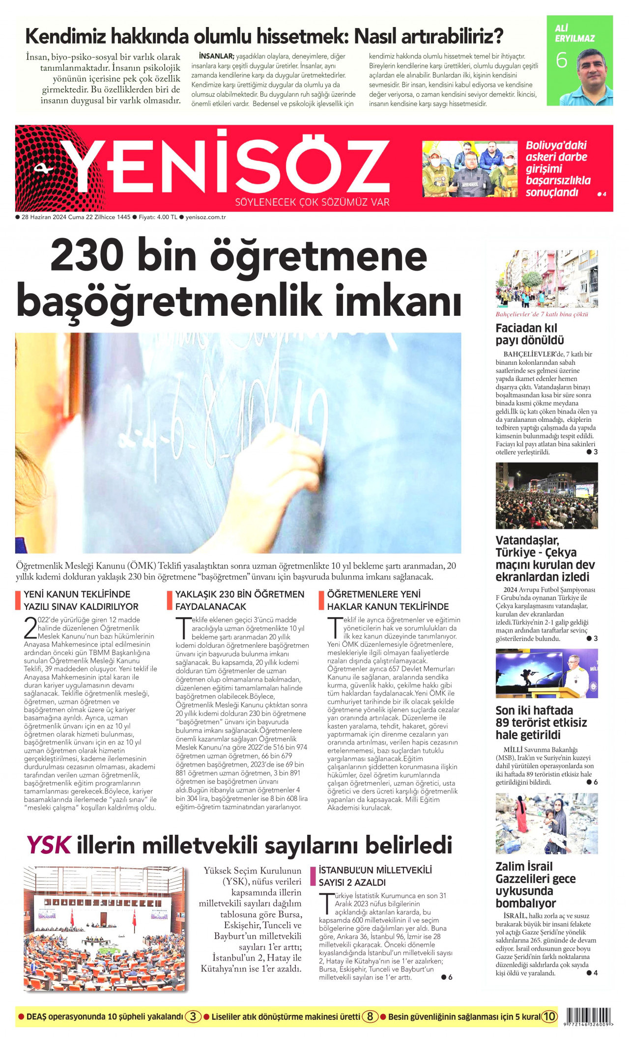 YENİ SÖZ GAZETESİ gazetesinin 28 Haziran 2024 tarihli birinci sayfası