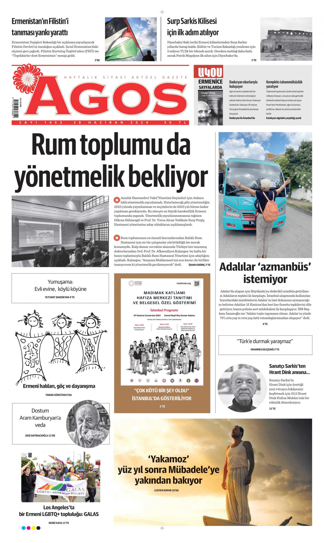 AGOS gazetesinin 28 Haziran 2024 tarihli birinci sayfası