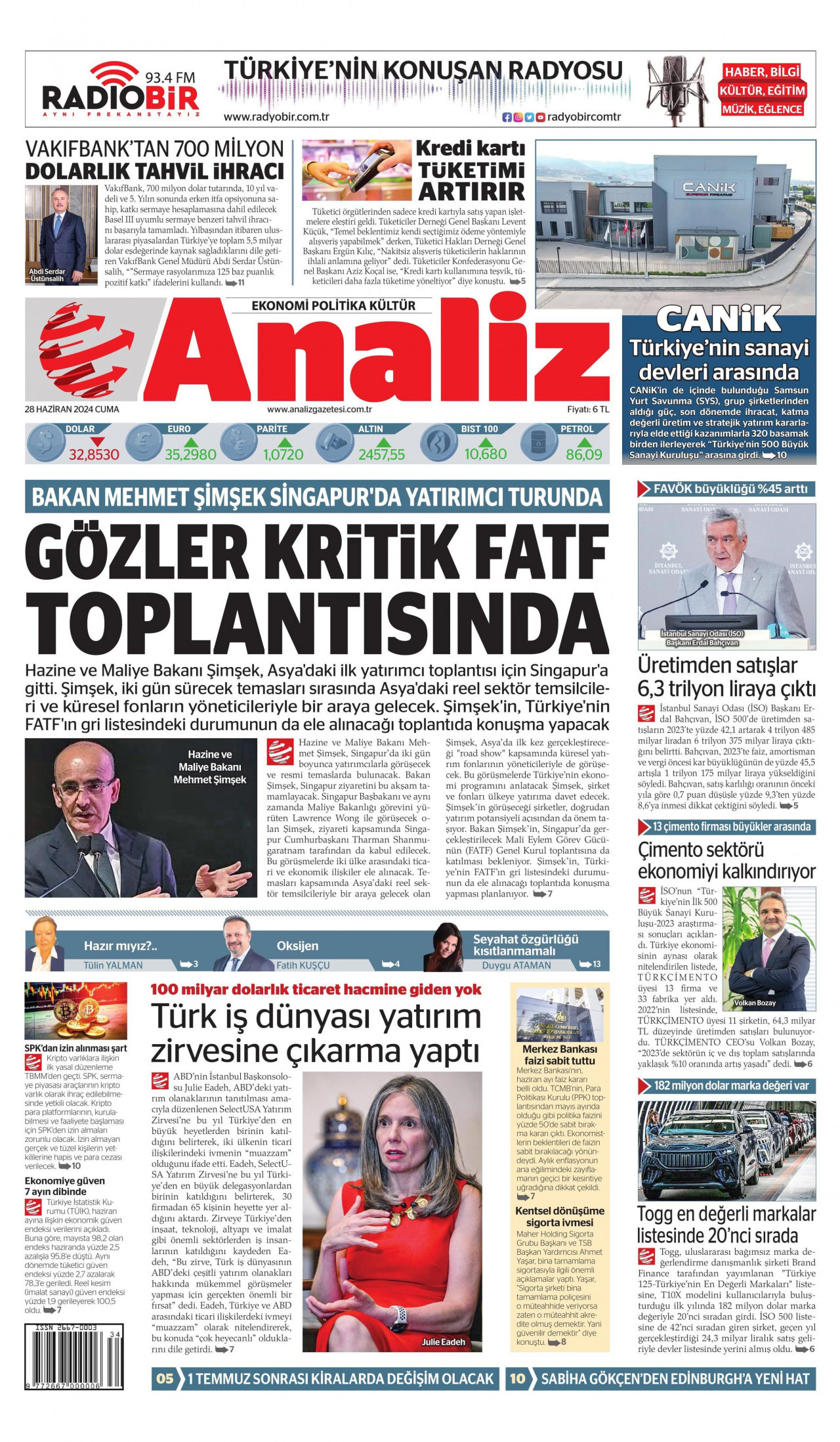 ANALİZ gazetesinin 28 Haziran 2024 tarihli birinci sayfası