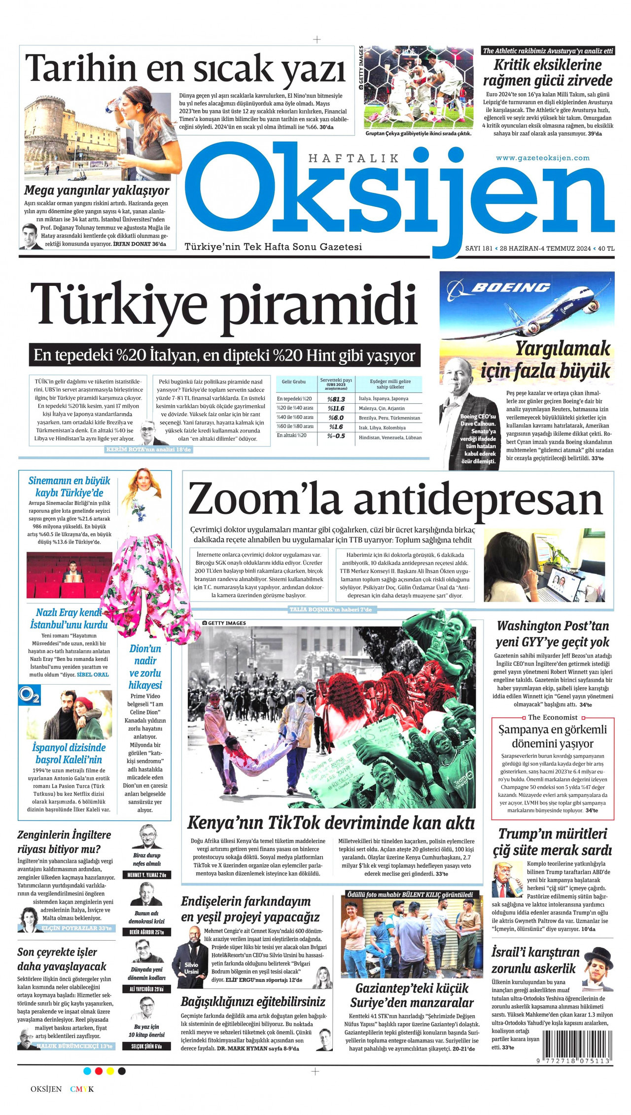 OKSİJEN gazetesinin 28 Haziran 2024 tarihli birinci sayfası