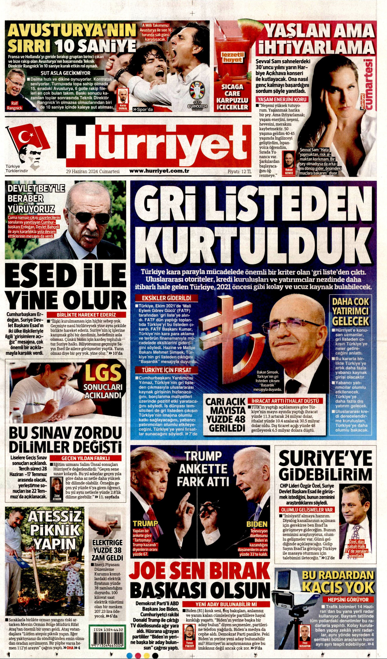 HÜRRİYET gazetesinin 29 Haziran 2024 tarihli birinci sayfası