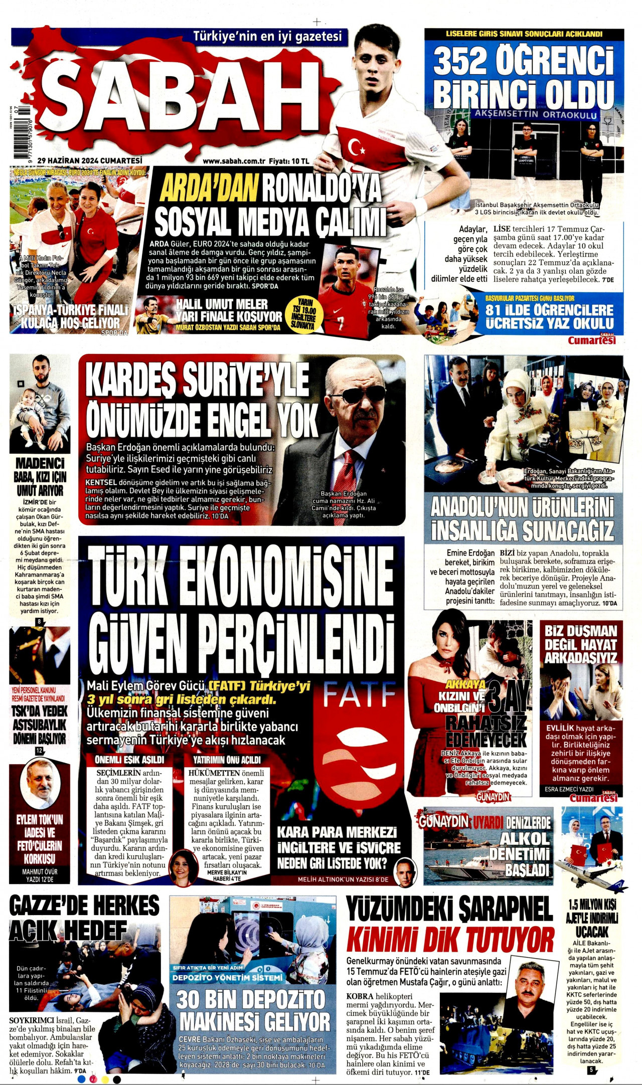 SABAH gazetesinin 29 Haziran 2024 tarihli birinci sayfası