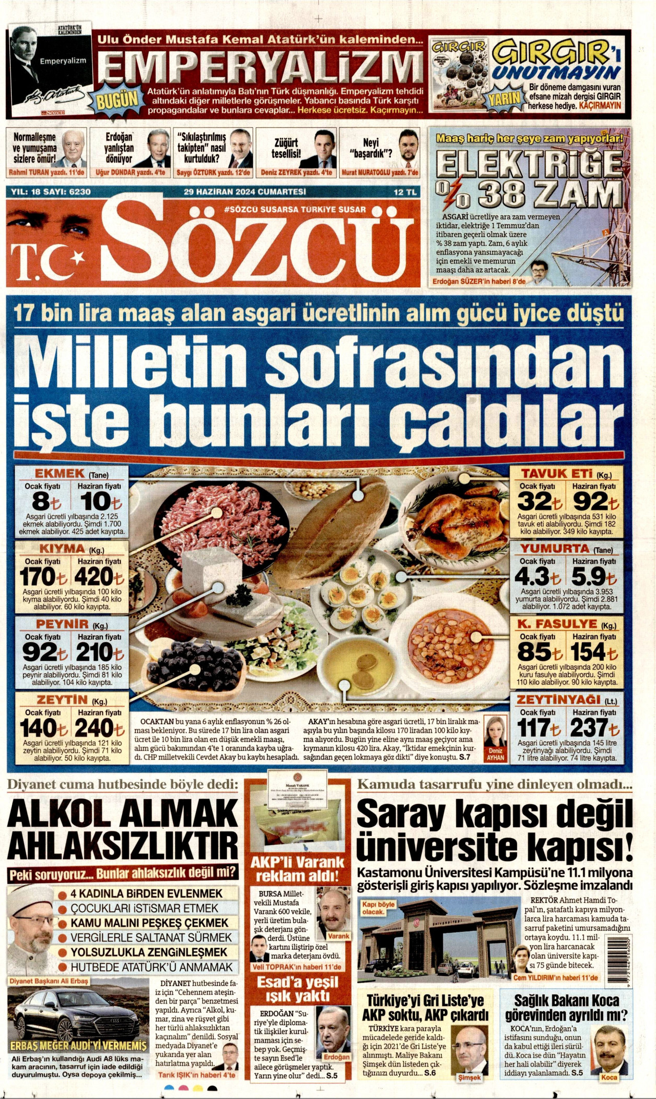 SÖZCÜ gazetesinin 29 Haziran 2024 tarihli birinci sayfası