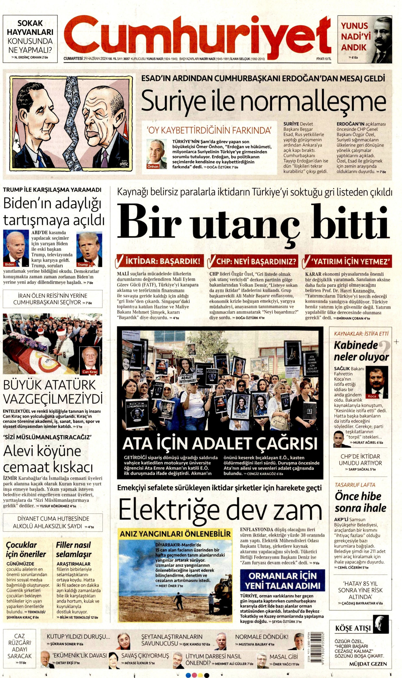 CUMHURİYET gazetesinin 29 Haziran 2024 tarihli birinci sayfası