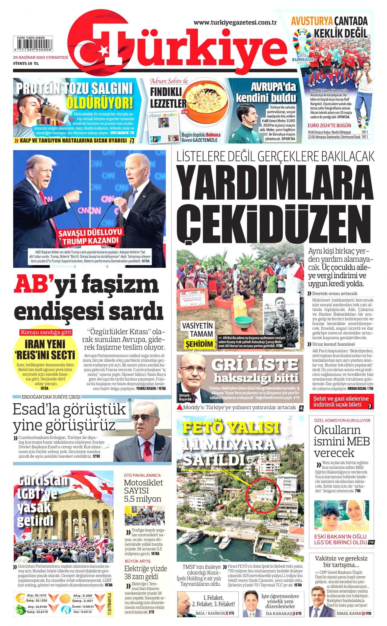 TÜRKİYE GAZETESİ gazetesinin 29 Haziran 2024 tarihli birinci sayfası