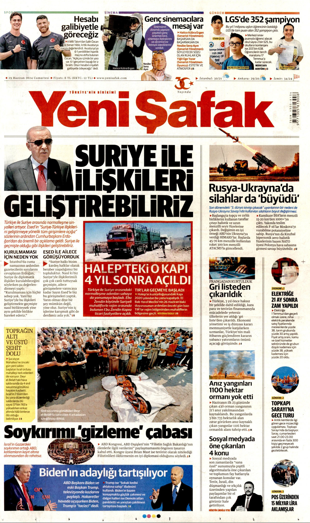 YENİ ŞAFAK gazetesinin 29 Haziran 2024 tarihli birinci sayfası
