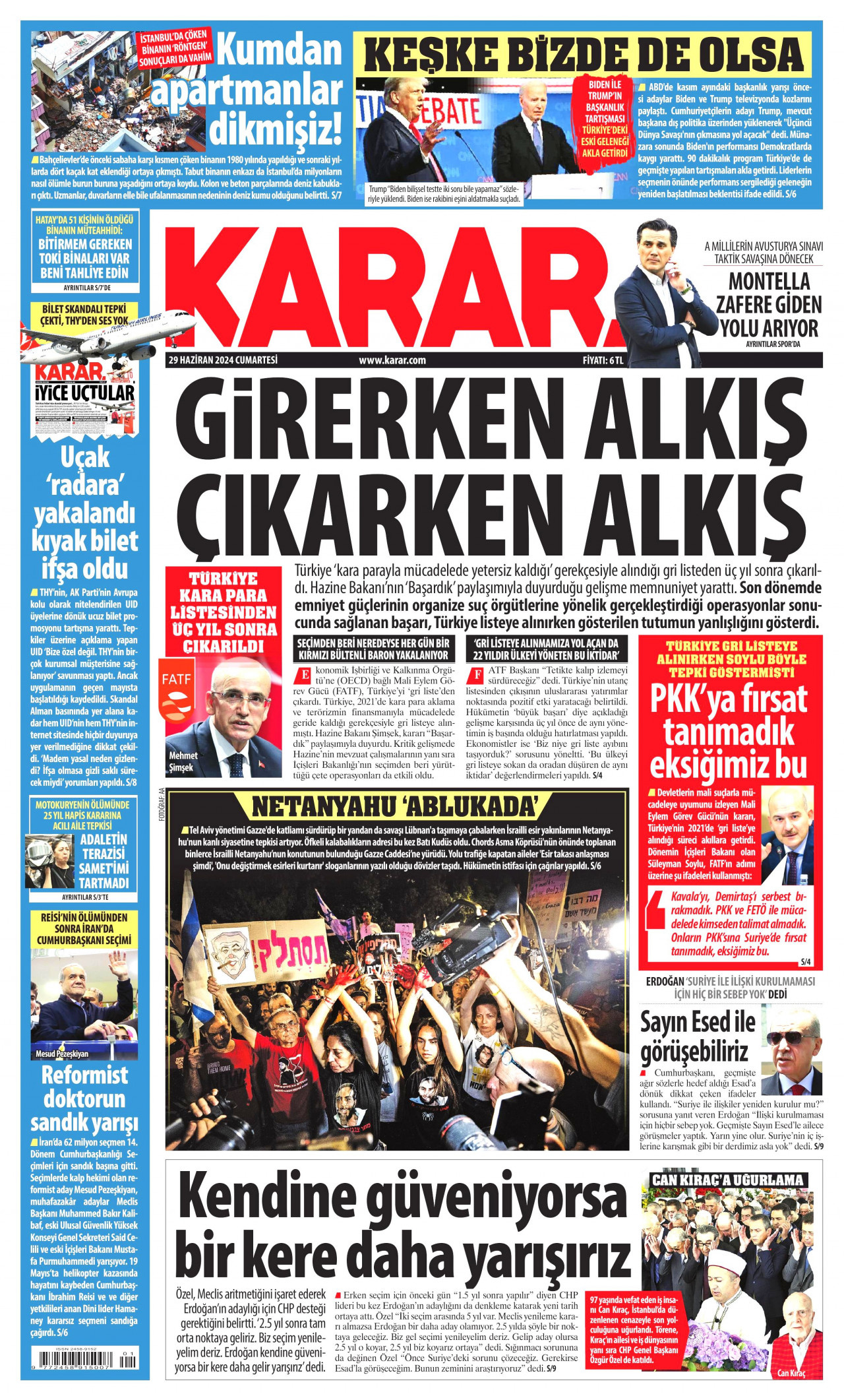 KARAR gazetesinin 29 Haziran 2024 tarihli birinci sayfası