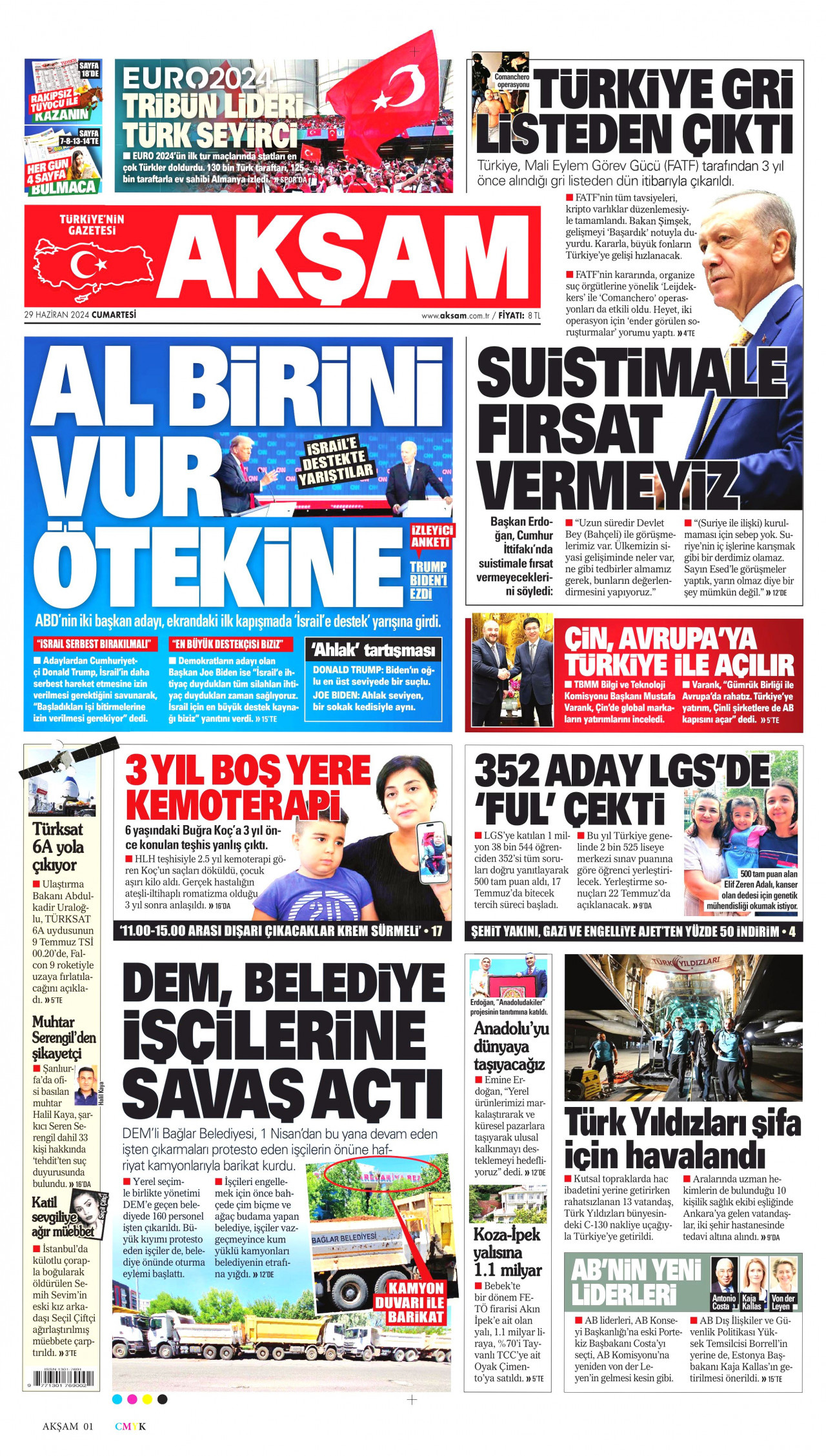 AKŞAM gazetesinin 29 Haziran 2024 tarihli birinci sayfası