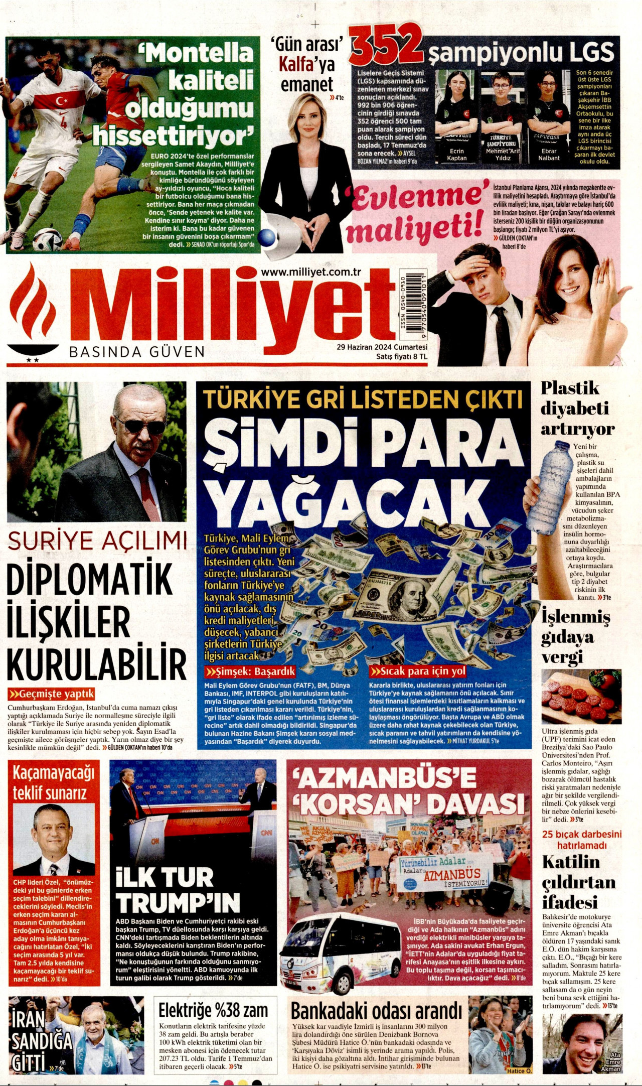MİLLİYET gazetesinin 29 Haziran 2024 tarihli birinci sayfası