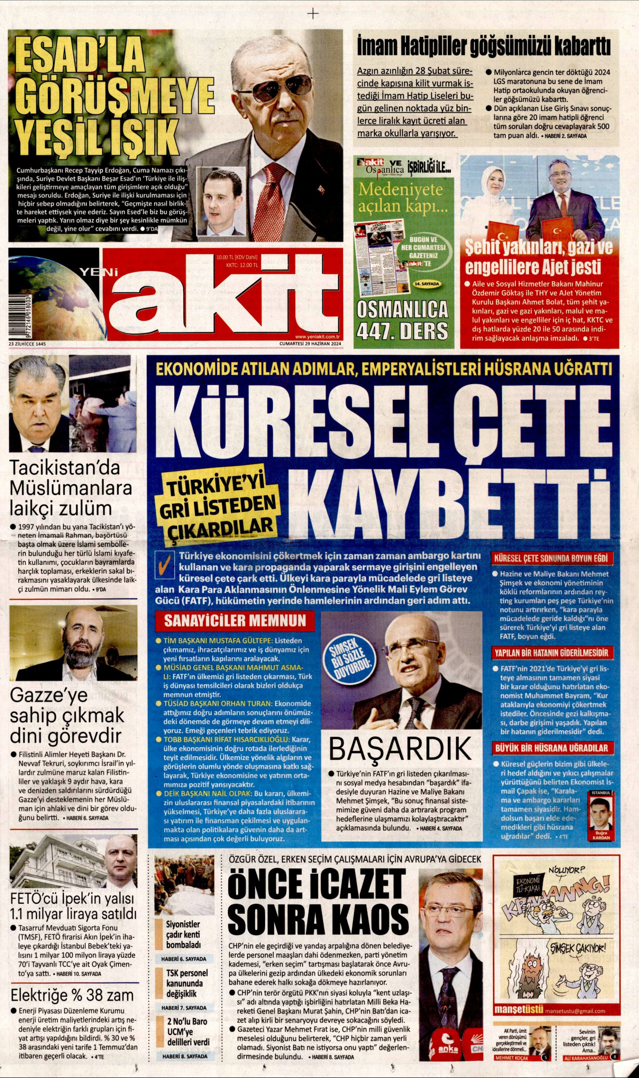 YENİ AKİT gazetesinin 29 Haziran 2024 tarihli birinci sayfası