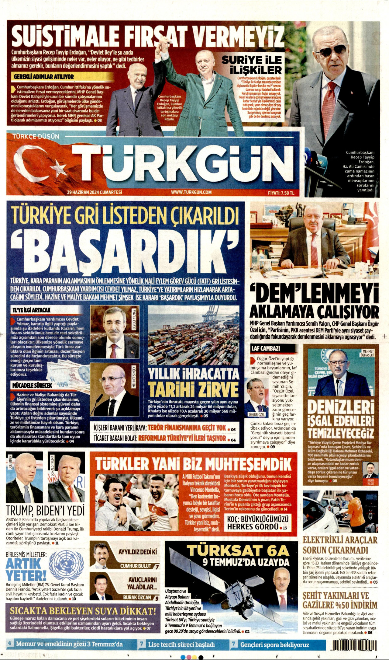 TÜRKGÜN gazetesinin 29 Haziran 2024 tarihli birinci sayfası