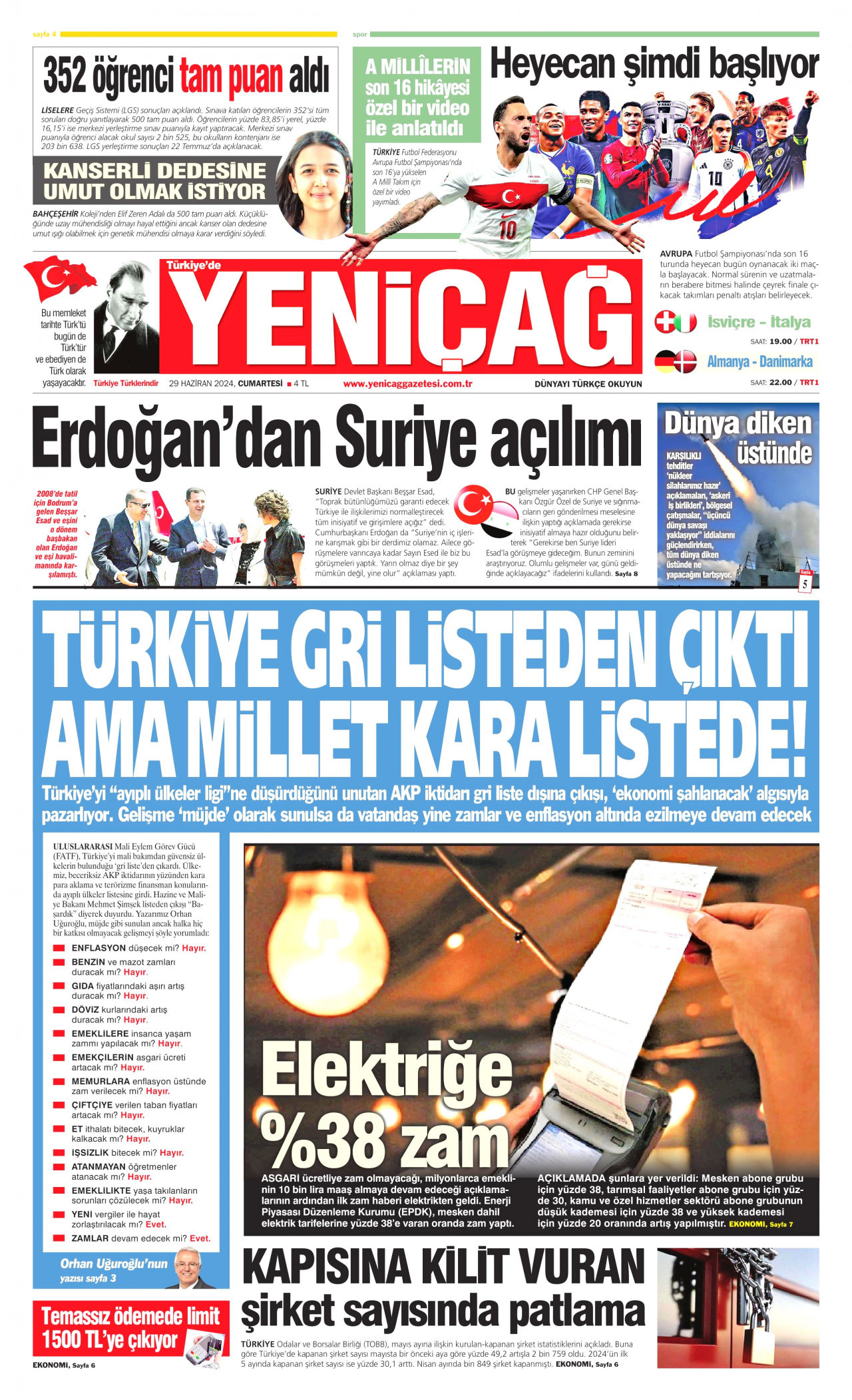 YENİÇAĞ gazetesinin 29 Haziran 2024 tarihli birinci sayfası