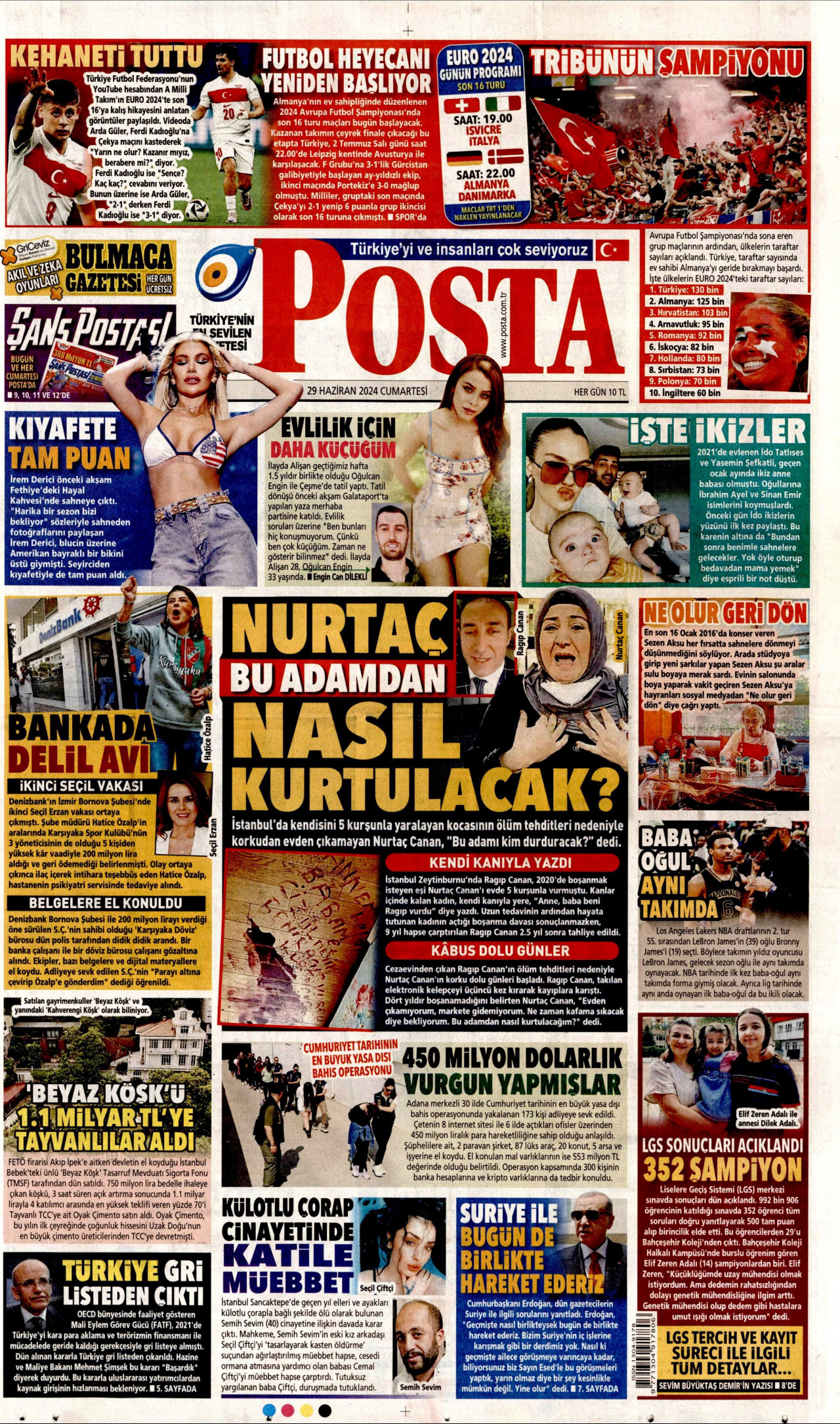 POSTA gazetesinin 29 Haziran 2024 tarihli birinci sayfası