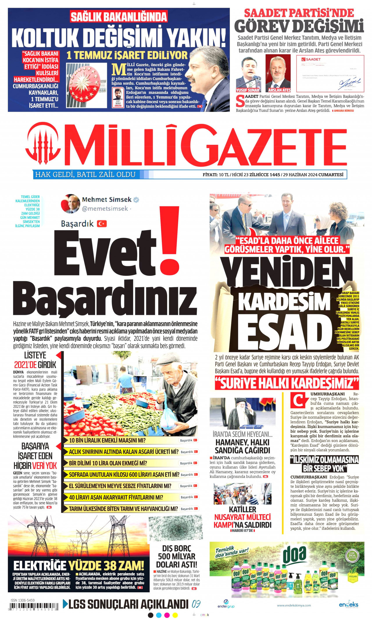MİLLİ GAZETE gazetesinin 29 Haziran 2024 tarihli birinci sayfası
