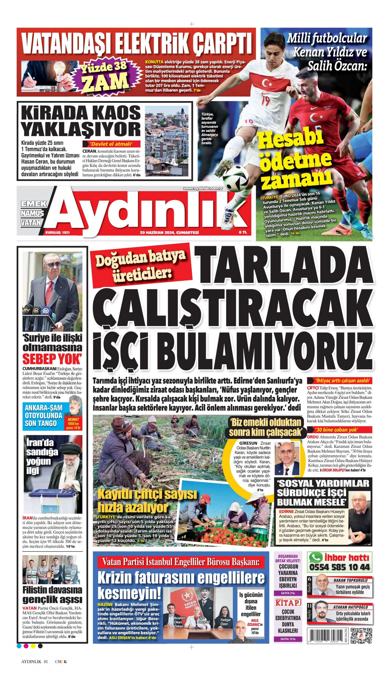 AYDINLIK GAZETESİ gazetesinin 29 Haziran 2024 tarihli birinci sayfası