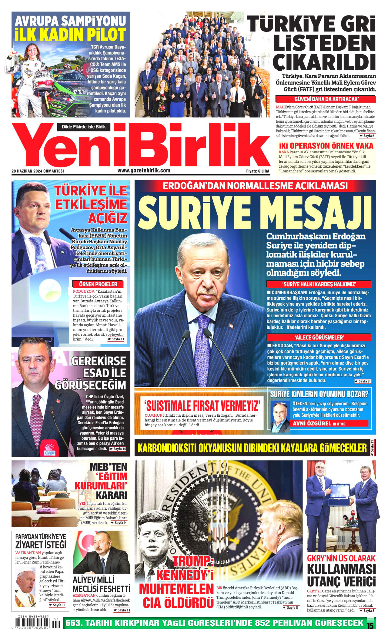 YENİBİRLİK gazetesinin 29 Haziran 2024 tarihli birinci sayfası