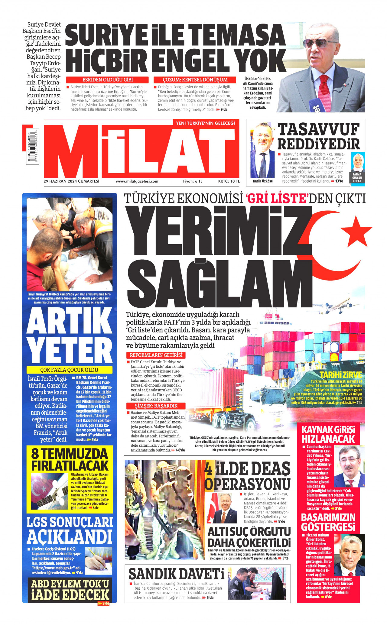 MİLAT gazetesinin 29 Haziran 2024 tarihli birinci sayfası
