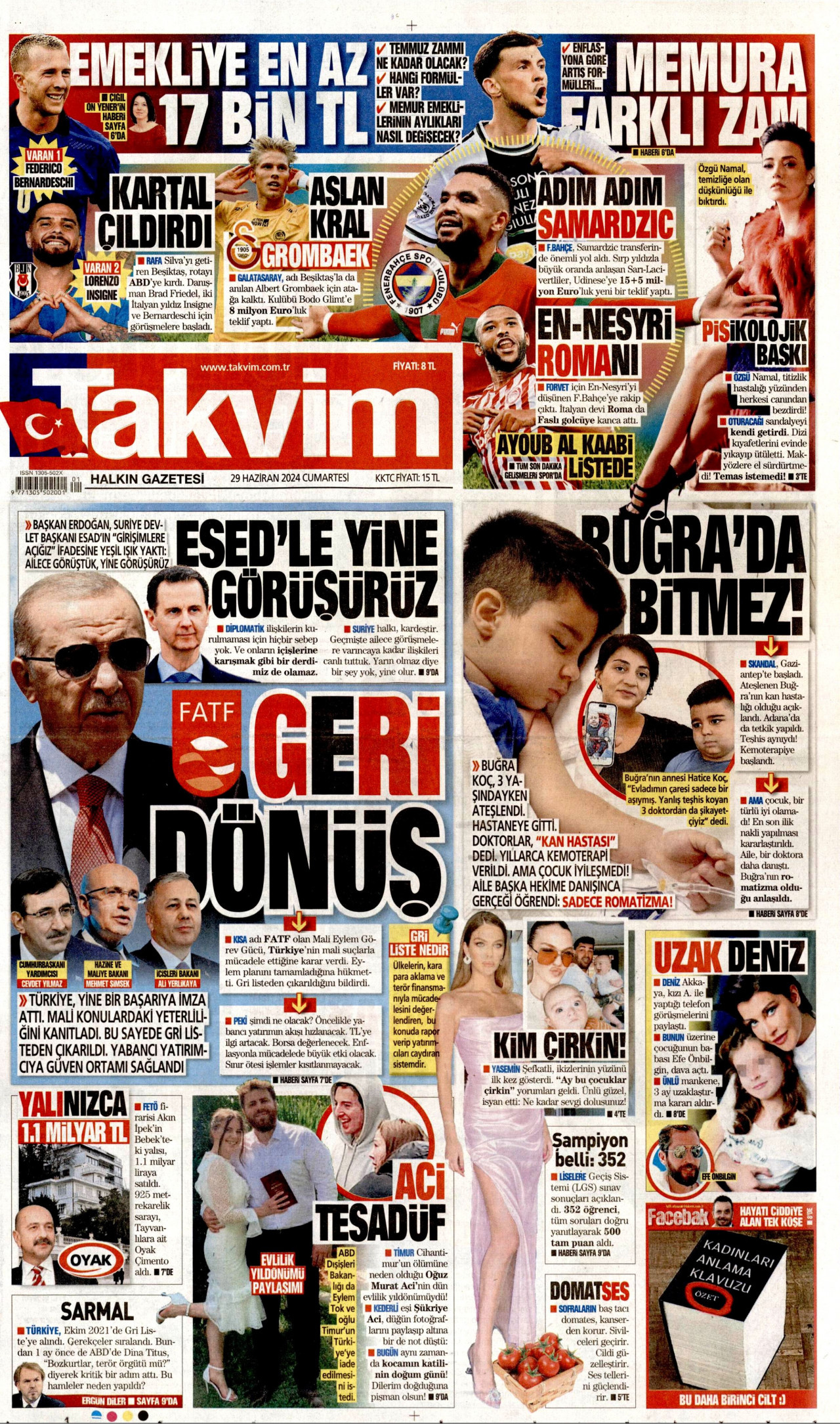 TAKVİM gazetesinin 29 Haziran 2024 tarihli birinci sayfası
