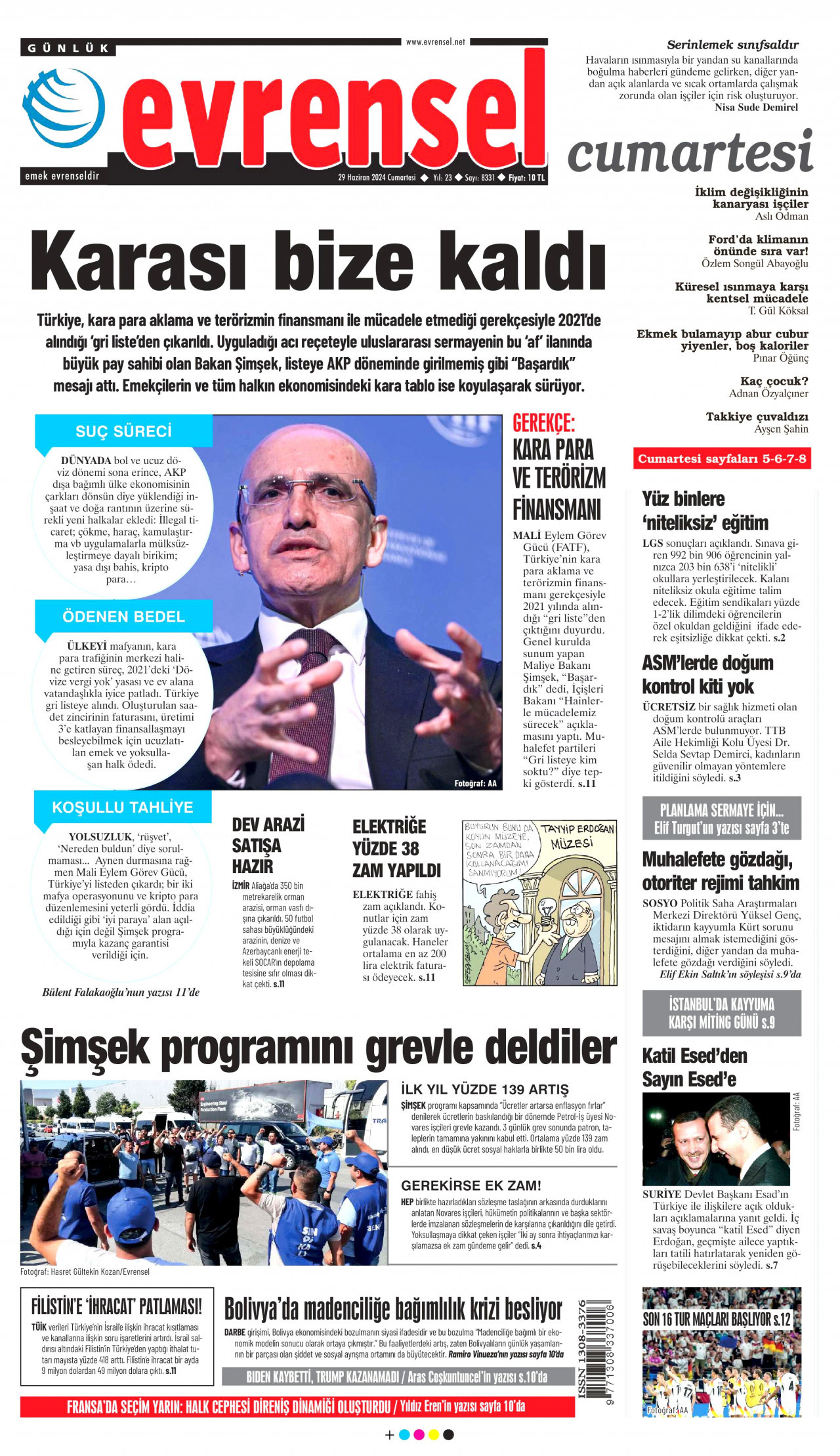 EVRENSEL gazetesinin 29 Haziran 2024 tarihli birinci sayfası